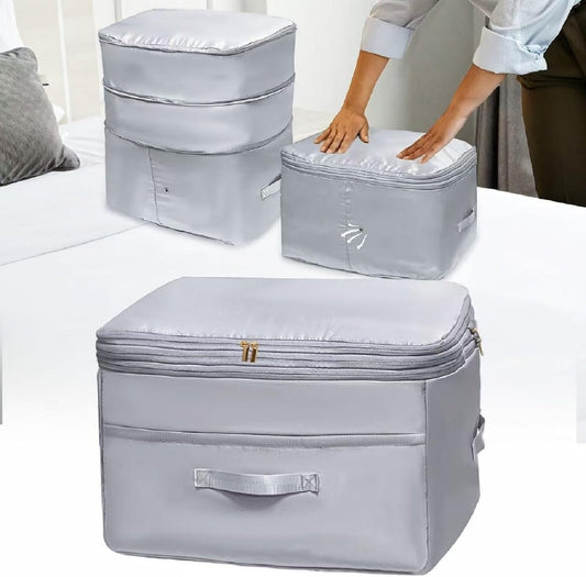Ultra Space Saving Self Compression Organizers, Double Zipper Compression Packing Cubes for Bedding, Comforter Storage Bag for Blankets Duvet Quilts Pillows Queen King (Gray, X-Large)