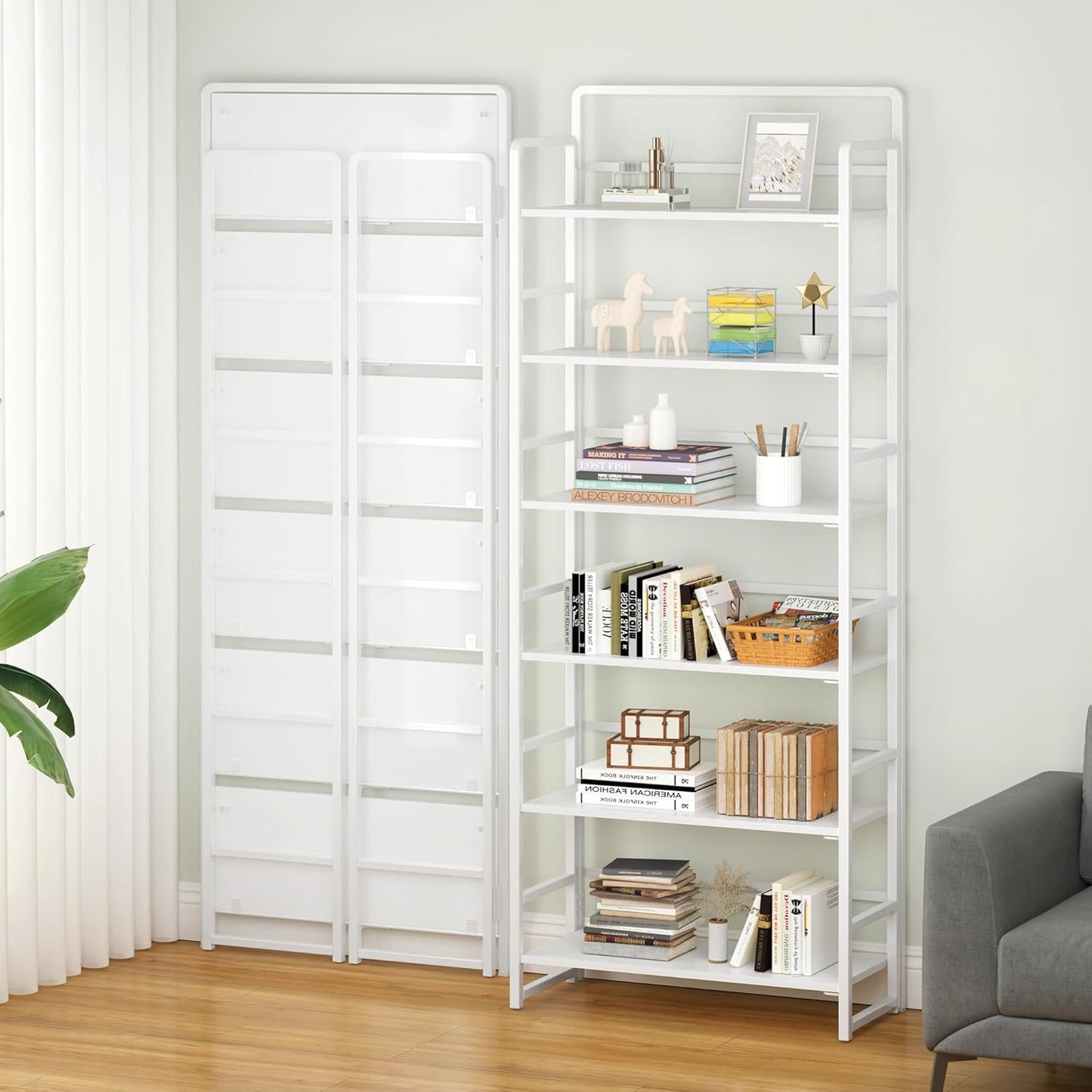 4NM No Assembly 6 Tiers Folding Bookshelf Storage Shelves Vintage Bookcase Standing Racks Study Organizer Home Office (All White)