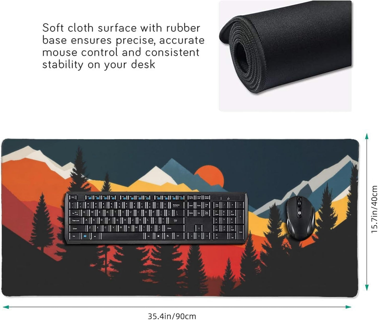 Colorful Mountain Forest Large Mouse Pad, Vintage Aesthetic Gaming Desk Mat, XXL Keyboard Desk Pad Mat for Desktop, 35.4"x15.7" Non-Slip Base Big Mousepad with Stitched Edges