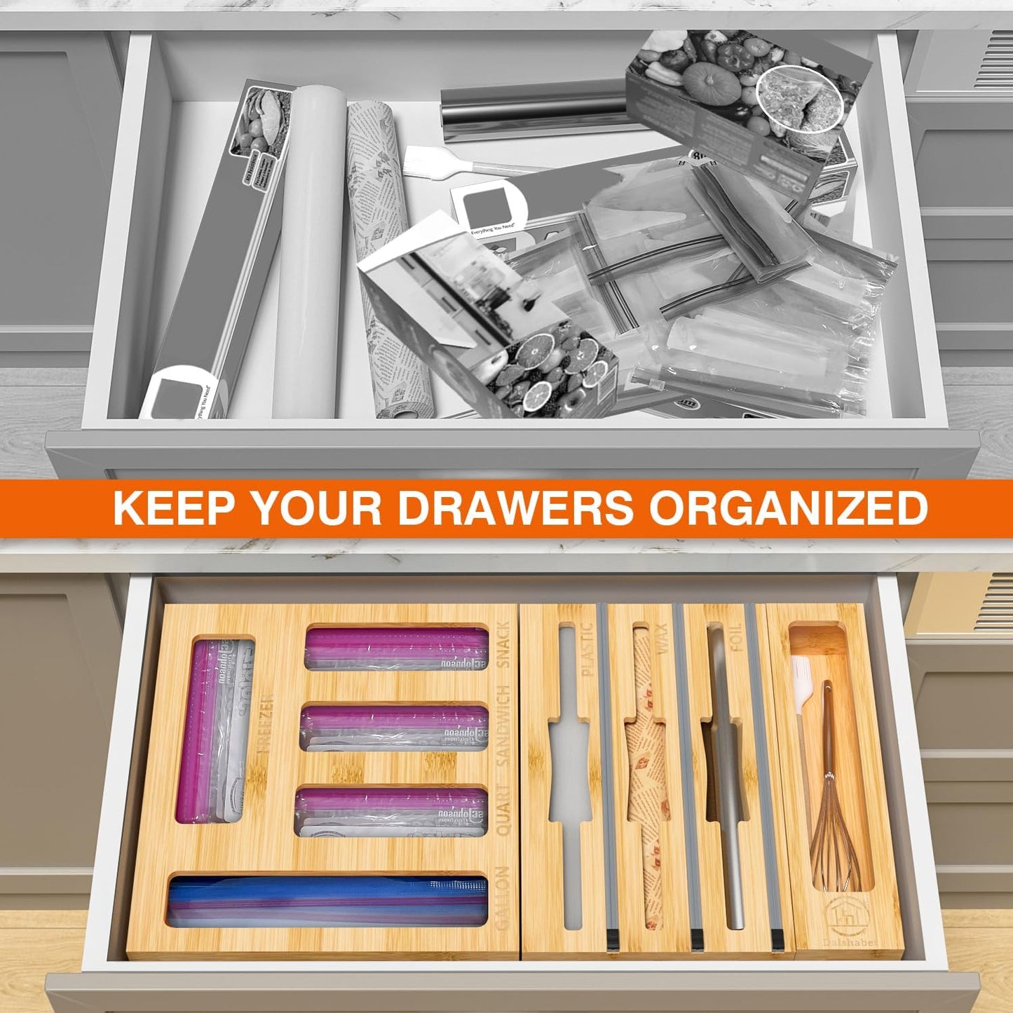 DALSHABET 9 IN1 Bamboo Storage Bag Drawer Organizer with Cutter, Foil and Plastic Wrap Dispenser for Kitchen Storage Compatible with All Brands Gallon, Quart, Sandwich & Snack Size Bags - Beige