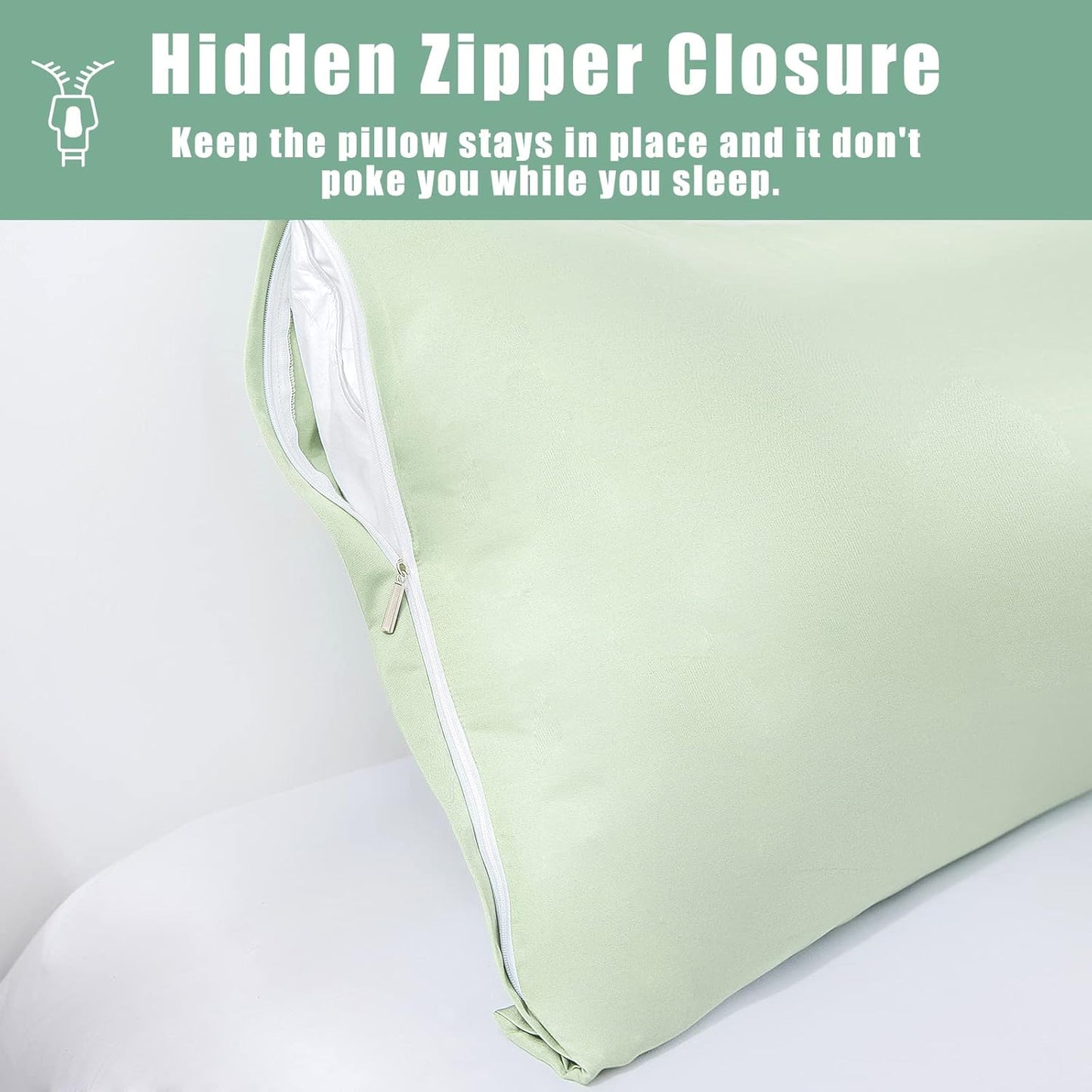 Body Cooling Pillow Cases Cover, Bamboo Rayon Green Body Pillowcases with Zipper Closure, Cool and Breathable Pillow Case for Hot Sleepers and Night Sweats, 20x54 inches