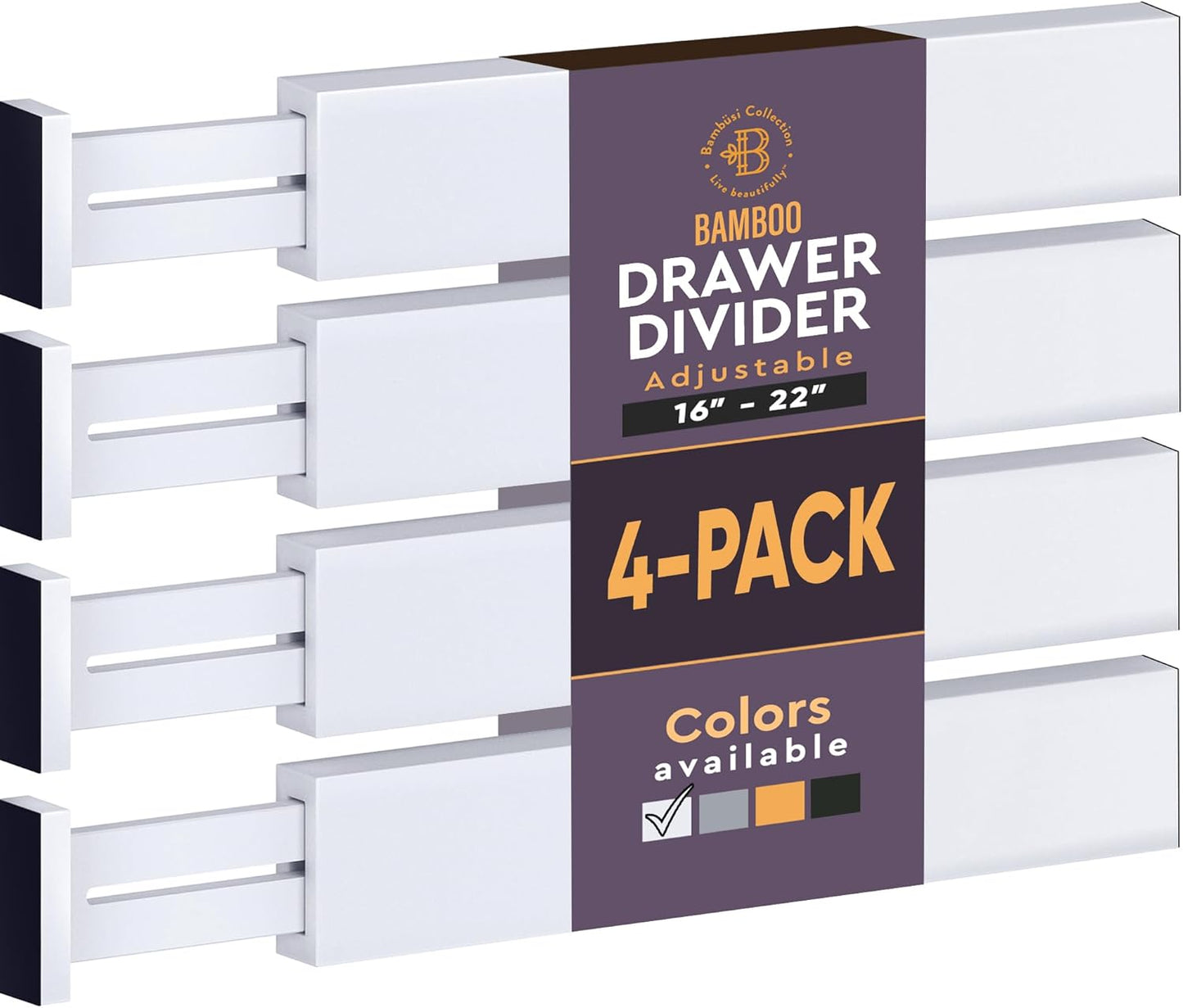Bambüsi 4 Pack Drawer Dividers - 2.6" High, 16-22" Adjustable Bamboo Drawer Organizers for Clothes, Expandable Dresser Separators in Bedroom/Bathroom/Kitchen/Office Organization and Storage (White)
