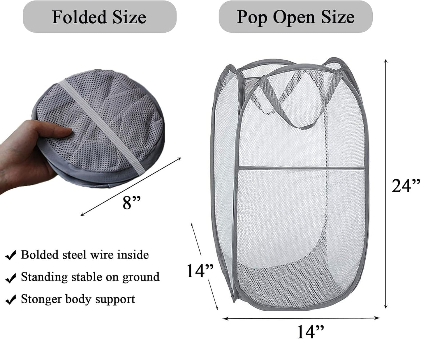 Larpur 2 Pcs Popup Mesh Laundry Baskets, Collapsible and Portable Clothes Washing Laundry Hampers with Reinforced Carry Handles, Gray Clothes Hamper for Home, Travel, College Dorm