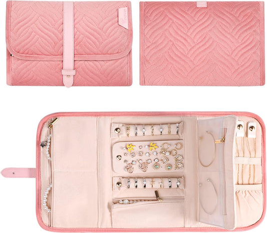 Voova Travel Jewelry Holder Organizer Case, Large Jewelry Storage Bag for Women Girls, Foldable Traveling Jewellery Pouch Roll for Necklaces Rings Earrings Bracelets, Pink