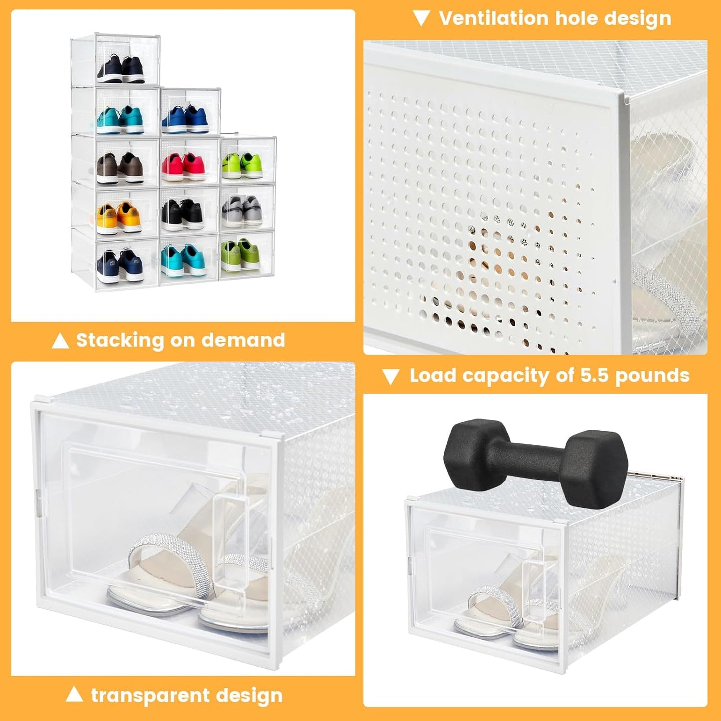 Shoe Boxes, Stack Without Toppling Modular storage boxes combine freely for use in closets, under beds, hallways, and entryways. Space-saving. (Transparent, 12 Pack)