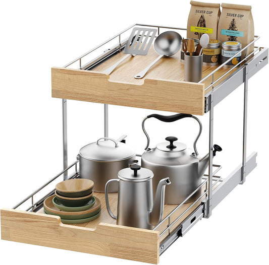 Pull Out Cabinet Organizer,Heavy-Duty Slide Out Shelf, Wood and Wire Basket, Pull Out Drawer for for Kitchen Under Sink Space, Pantry, Bathroom, 2 Tie 20 * 21 in