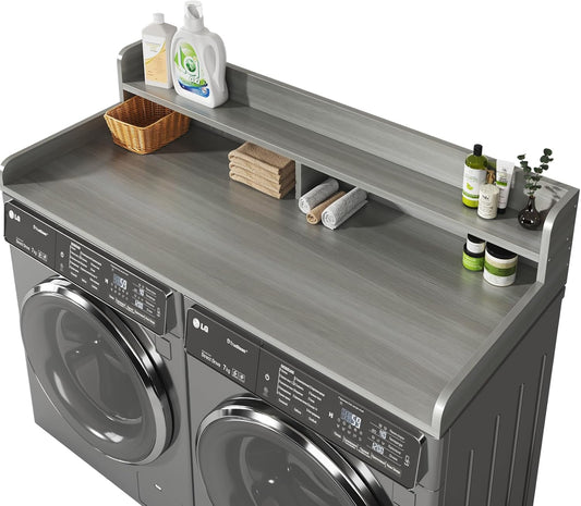 2-Tier Washer and Dryer Countertop with 2.75" H Guard,58" W x 28" D Laundry Countertop Cover with Non-Slip Pad,Large Space Laundry Topper for Folding Clothes Over Washer and Dryer-Stripe Gray