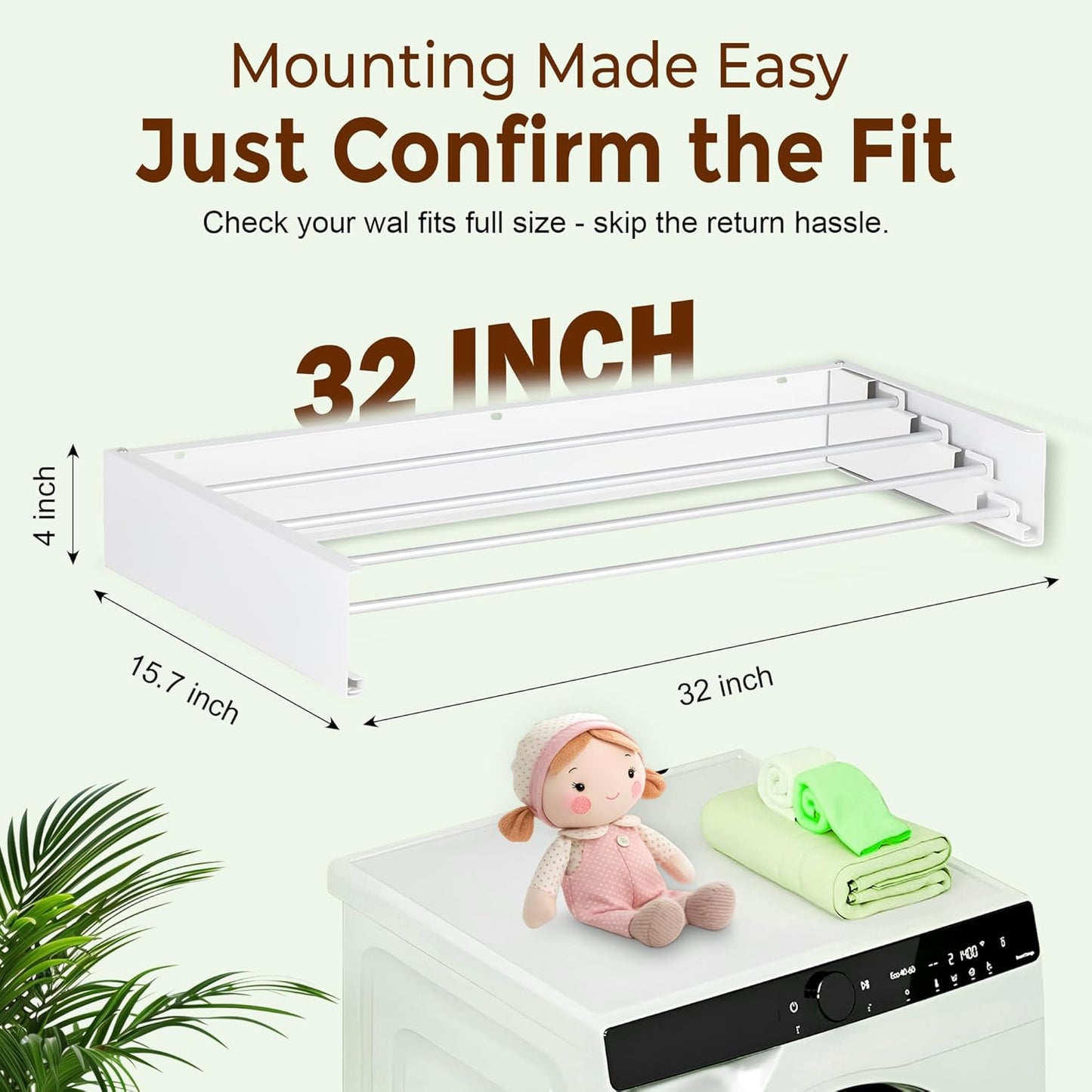 32” Foldable Clothes Drying Rack Wall Mounted - Laundry Drying Rack Collapsible with 4 Steel Poles - Wall Mounted Laundry Room Organization and Storage for Kitchen, Bathroom, Indoor-Outdoor Use