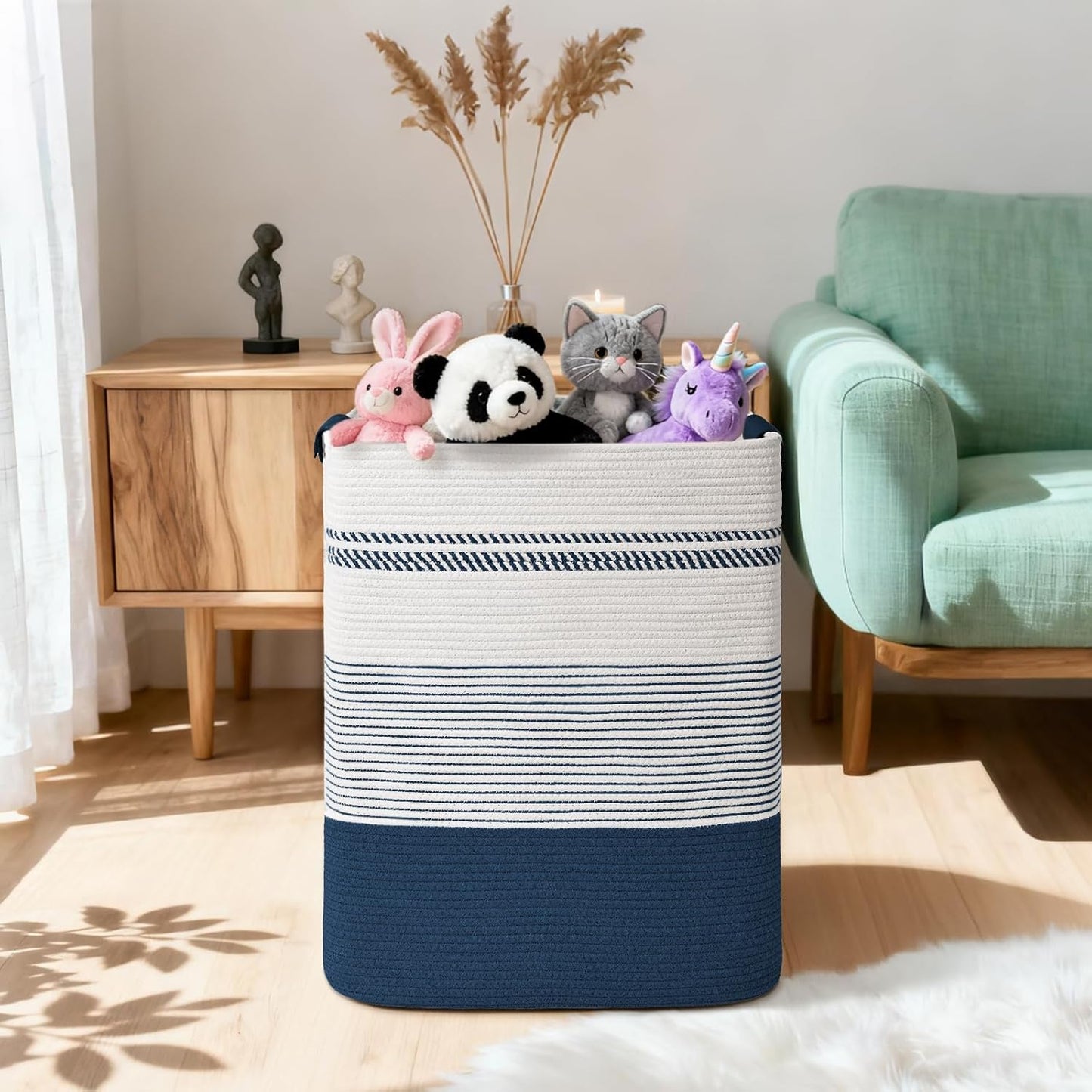 Laundry Hamper, 95L Tall Laundry Basket with Leather Handles, Rectangle Large Clothes Hamper for Organizing, Cotton Woven Laundry Baskets Storage Hampers for Bedroom, Nursery, Living Room
