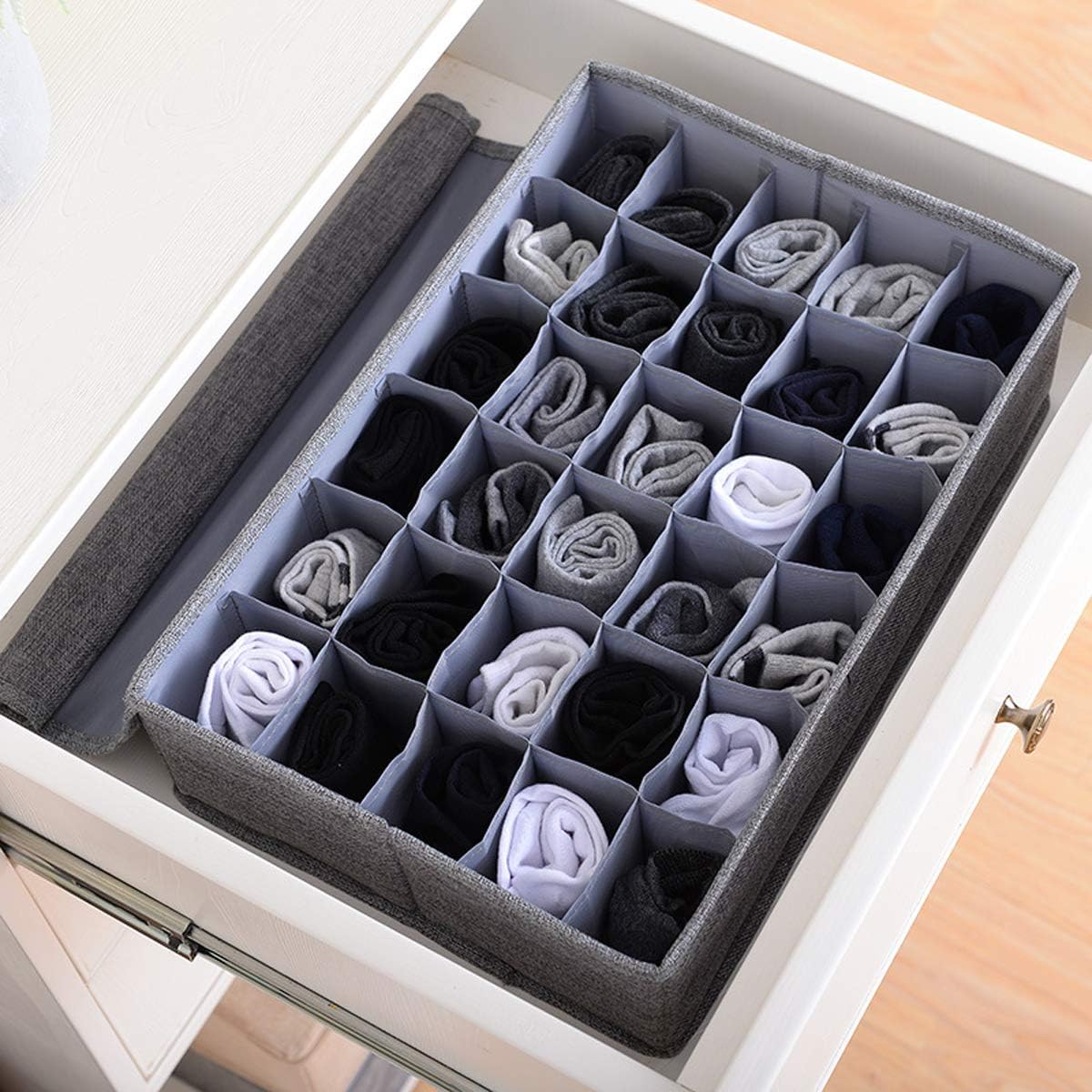 AARAINBOW 2 Packs Underwear Socks Storage Organizer with Lids Foldable Closet Drawer Organizer 46 Cells, Drawer Organizer Bins for Ties Scarves Lingerie Bra Fabric Dividers (30+16 Cell, 2 Gray)