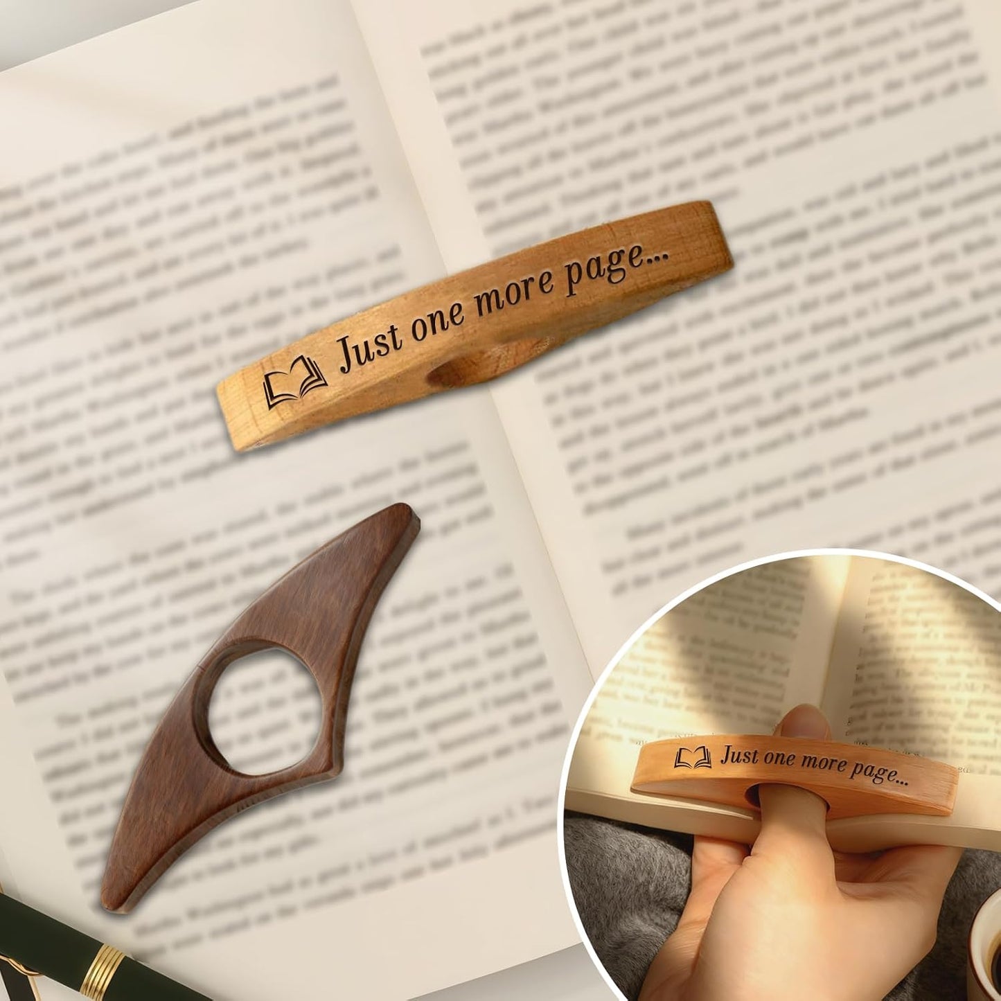 Wooden Book Page Holders for Reading - Thumb Page Holder & Book Opener Holder | Just One More Page Ergonomic Hands-Free Helper - Perfect Gift for Book Lovers & Readers (Natural Wood 2)