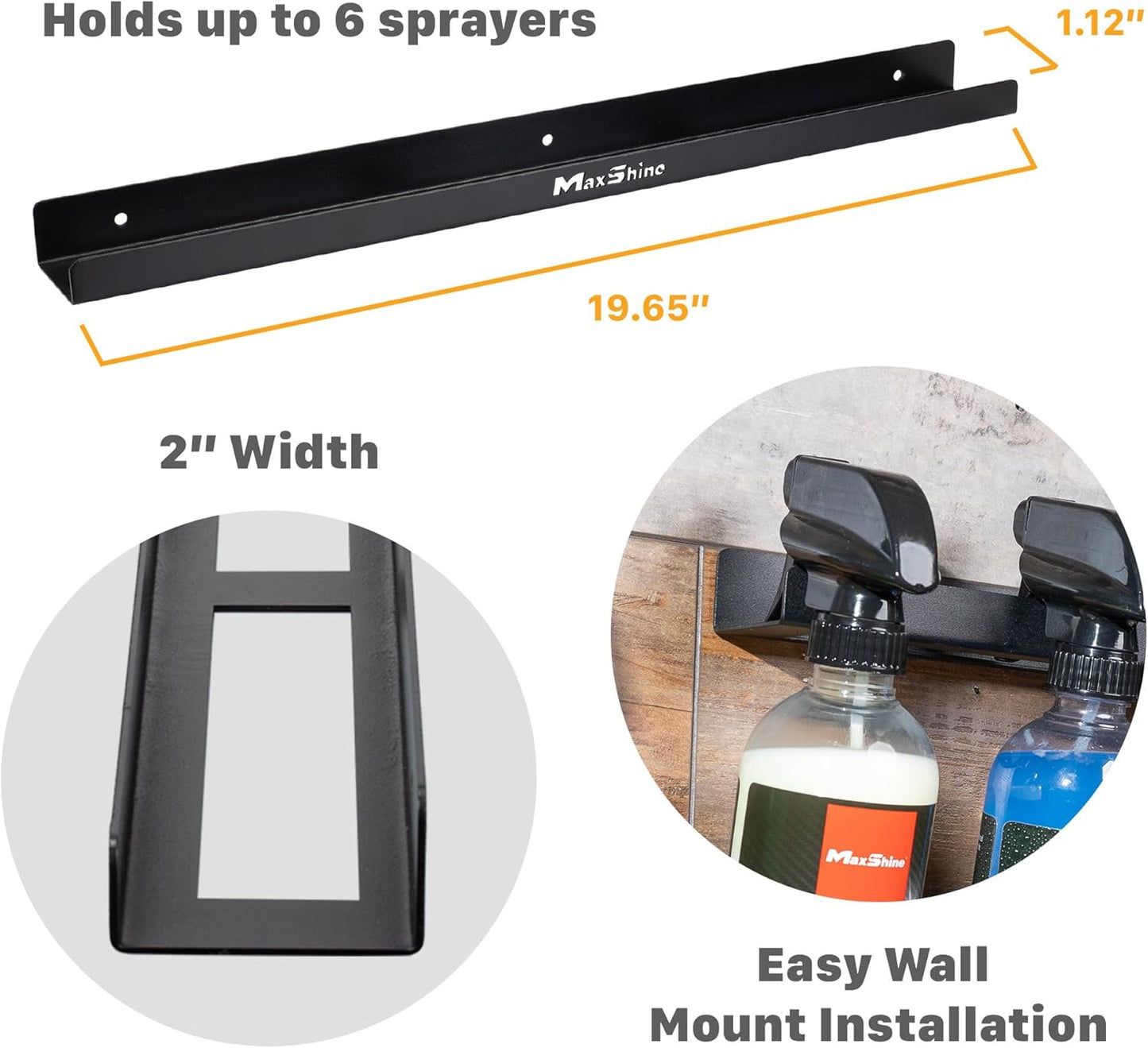 Maxshine Universal Trigger Bottle Holder H03D (Black Metal) | Wall-Mount Organizer Holds 6 Spray Bottles | Lightweight & Durable Rack for Garage Storage, Car Wash, Auto Detailing & Cleaning Supplies