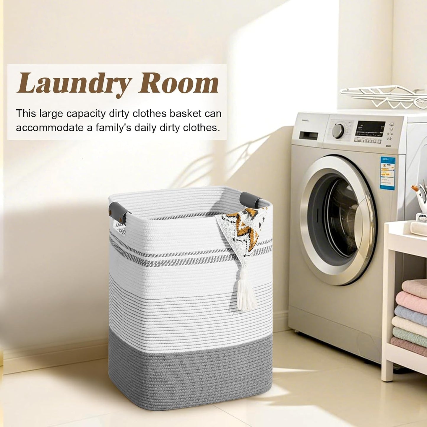 Laundry Hamper, 95L Tall Laundry Basket with Leather Handles, Rectangle Large Clothes Hamper for Organizing, Cotton Woven Laundry Baskets Storage Hampers for Bedroom, Nursery, Living Room