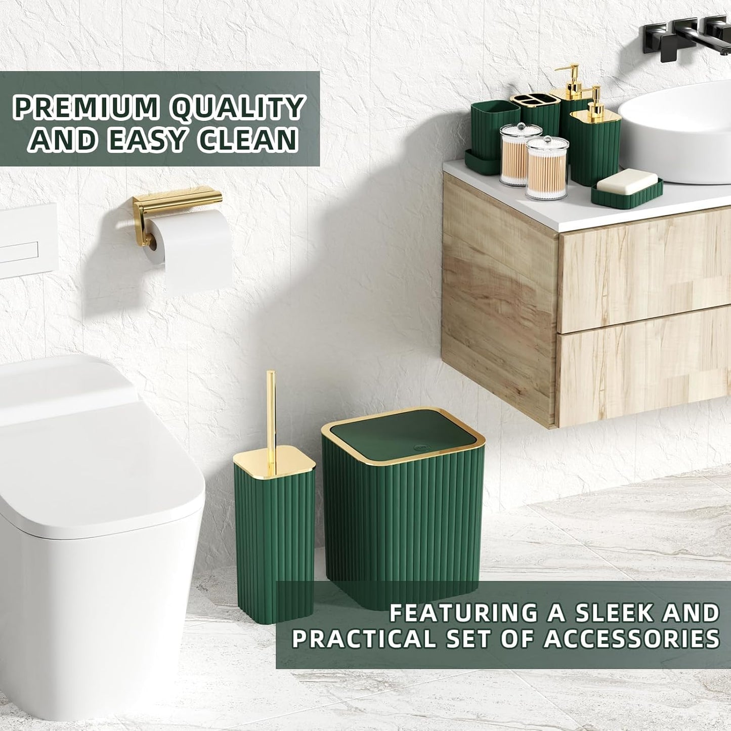 Bathroom Accessory Set - 25PC Green Bathroom Sets, Bathroom Set with Shower Curtain and Rugs, Dark Green Shower Curtain Set, Trash Can, Qtip Holder Dispenser & Soap Dispenser