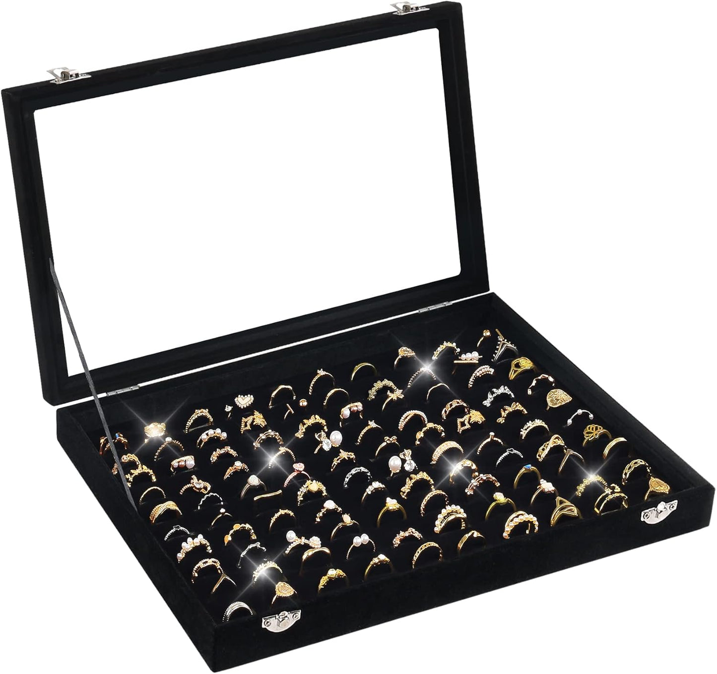 Ring Organizer for Jewelry, Ring Holder Box with Clear Lid, Dustproof Velvet Rings Display Tray Storage Case, 100 Slot Glass Top Jewelry Tray Drawer Insert for Multiple Rings Studs Earring (Black)