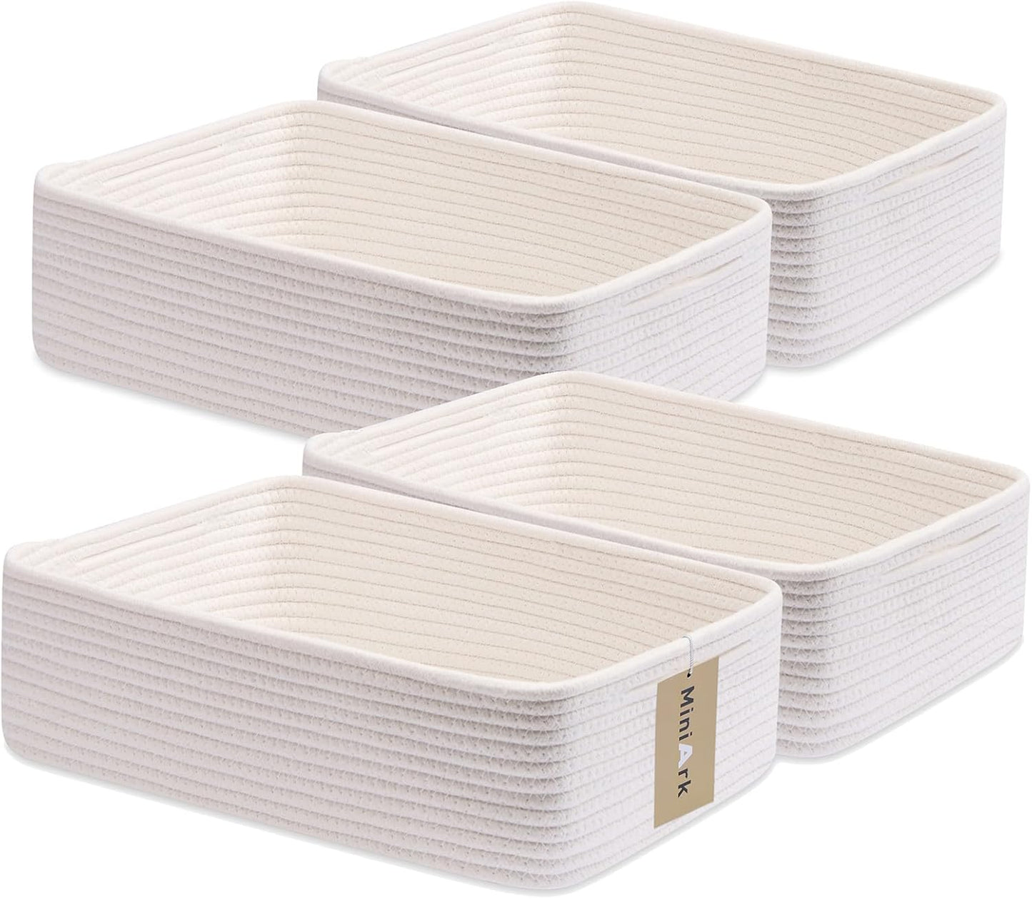 Large Shallow Organizing Baskets 15x11x5.1 Inches - Rope Woven Storage Bins for Bathroom, Shelves, Cube Closet, Off White 4 Packs