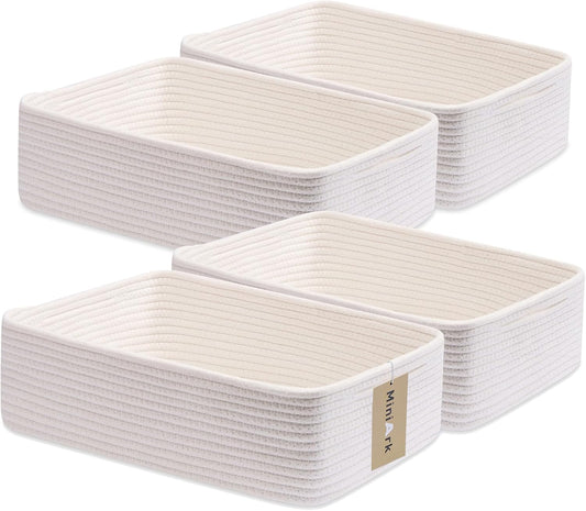 Large Shallow Organizing Baskets 15x11x5.1 Inches - Rope Woven Storage Bins for Bathroom, Shelves, Cube Closet, Off White 4 Packs