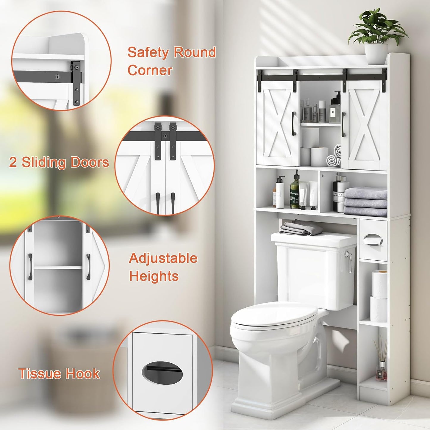 Vabches Over The Toilet Storage Cabinet, Farmhouse Storage Cabinet Over Toilet with Sliding Doors，Home Space-Saving Toilet Rack, for Bathroom, Restroom, Laundry