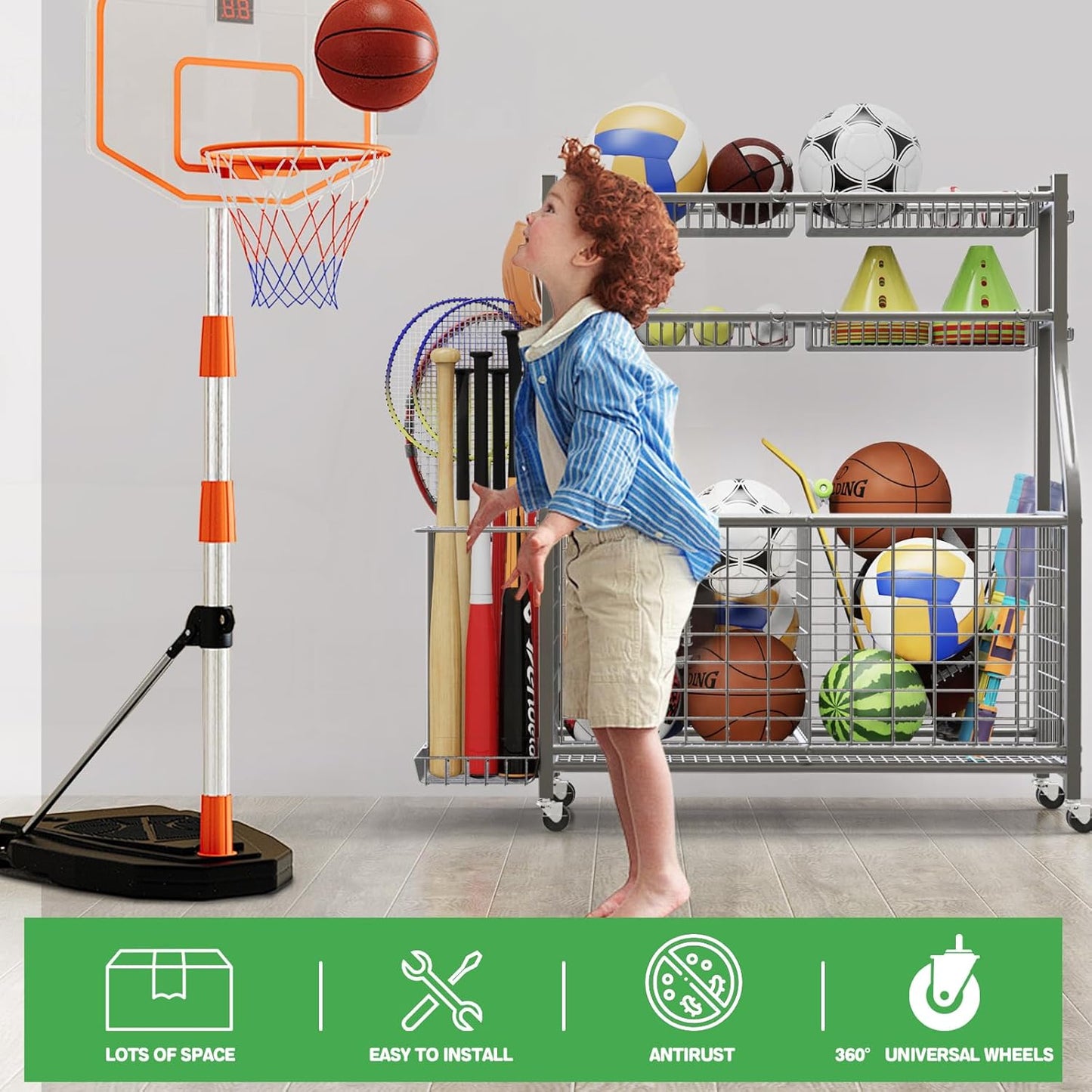 Garage Sports Equipment Organizer,Ball Storage With Four Baskets And Six Hooks,Sports Organizer For Garage,Heavy Duty Garage Organizer,Garage Storage,Garage Organization,Outdoor Toy Storage