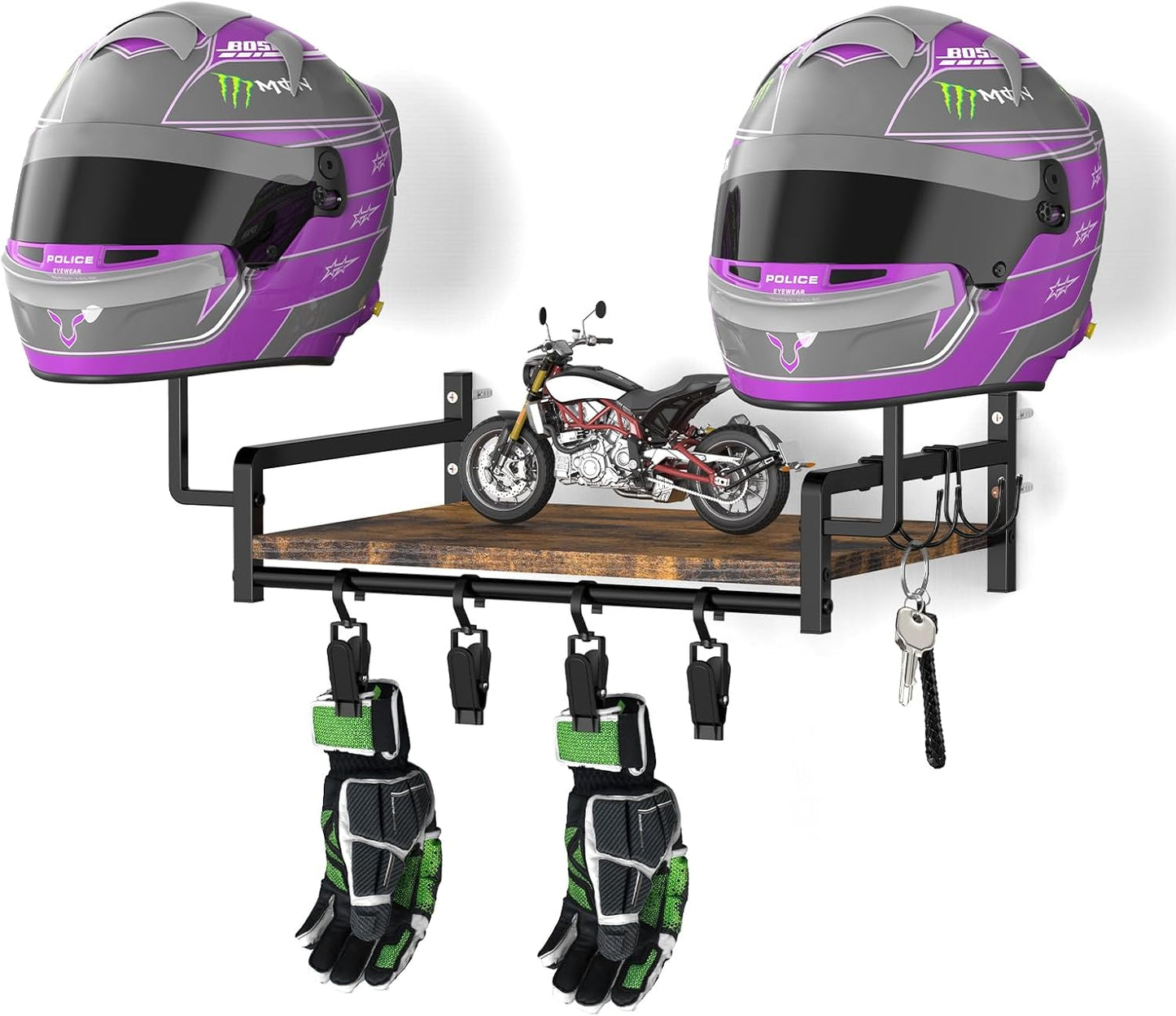 OYEAL Motorcycle Helmet Holder Wall Mount, Rustic Helmet Display Rack with Hooks, Storage Shelf, 4 Glove Clips for Motorcycle Gear Accessories Storage, Brown