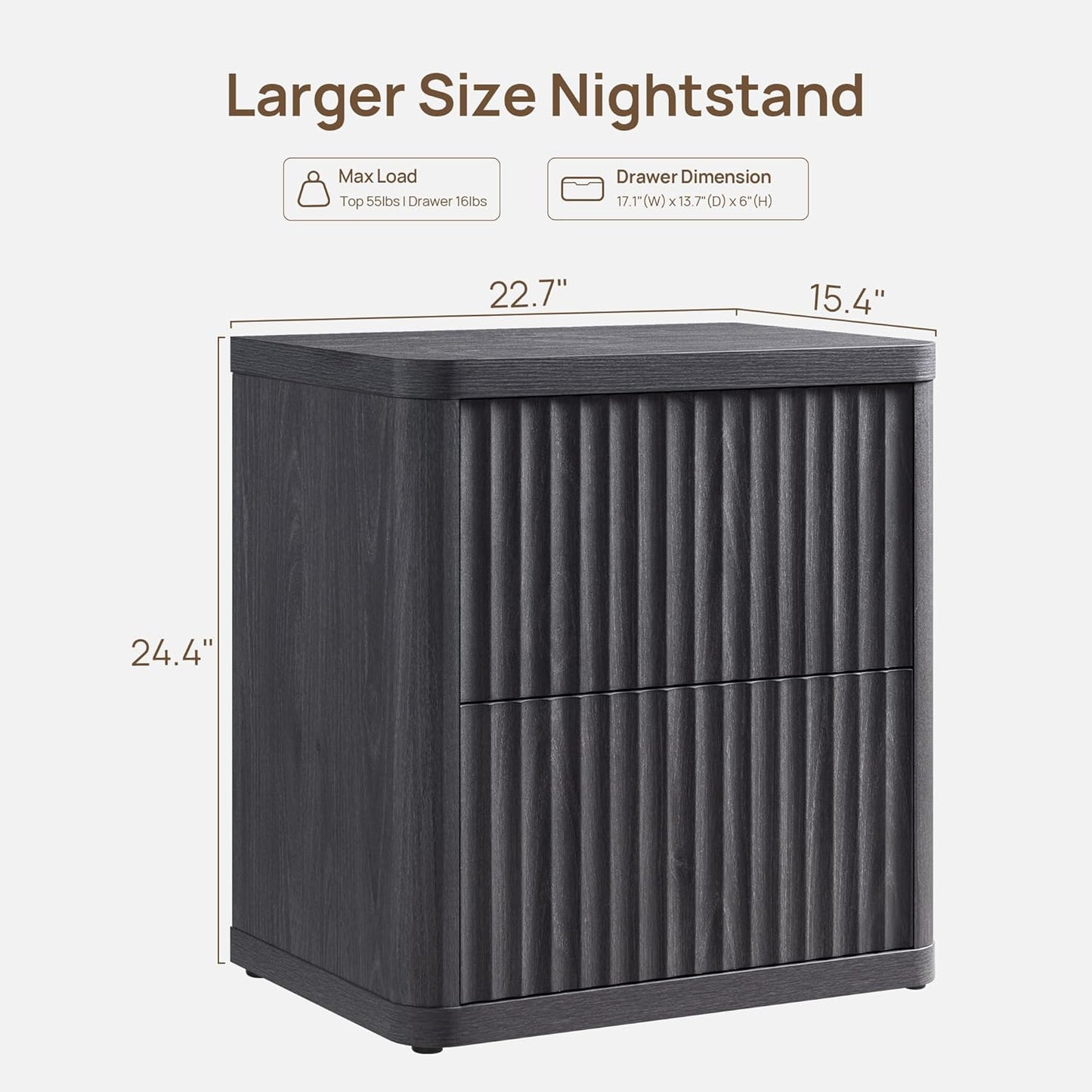 SICOTAS Night Stand Nightstand with 2 Drawers Storage Bedside Table Large Fluted Bed Side End Table Modern 24.4" Tall Wide Night Stands for Bedroom Living Room Sofa Couch Home Office, Dark Grey Alder