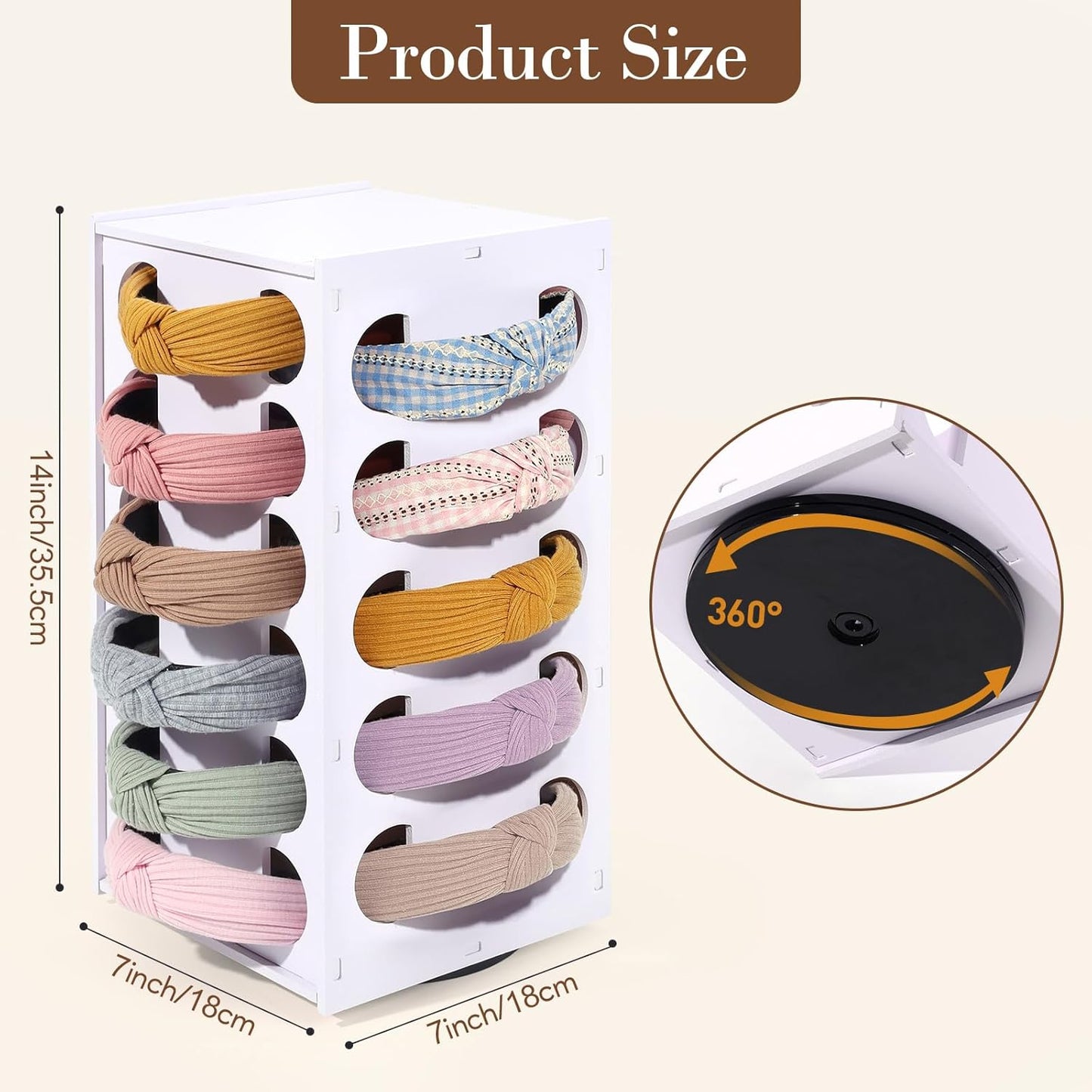 Headband Holder Organizer for Girls, Rotating Headband Storage for Women,White Hairband Display Stand, Hair Hoop Rack Holder for Vanity,Dresser,or Bathroom Decor