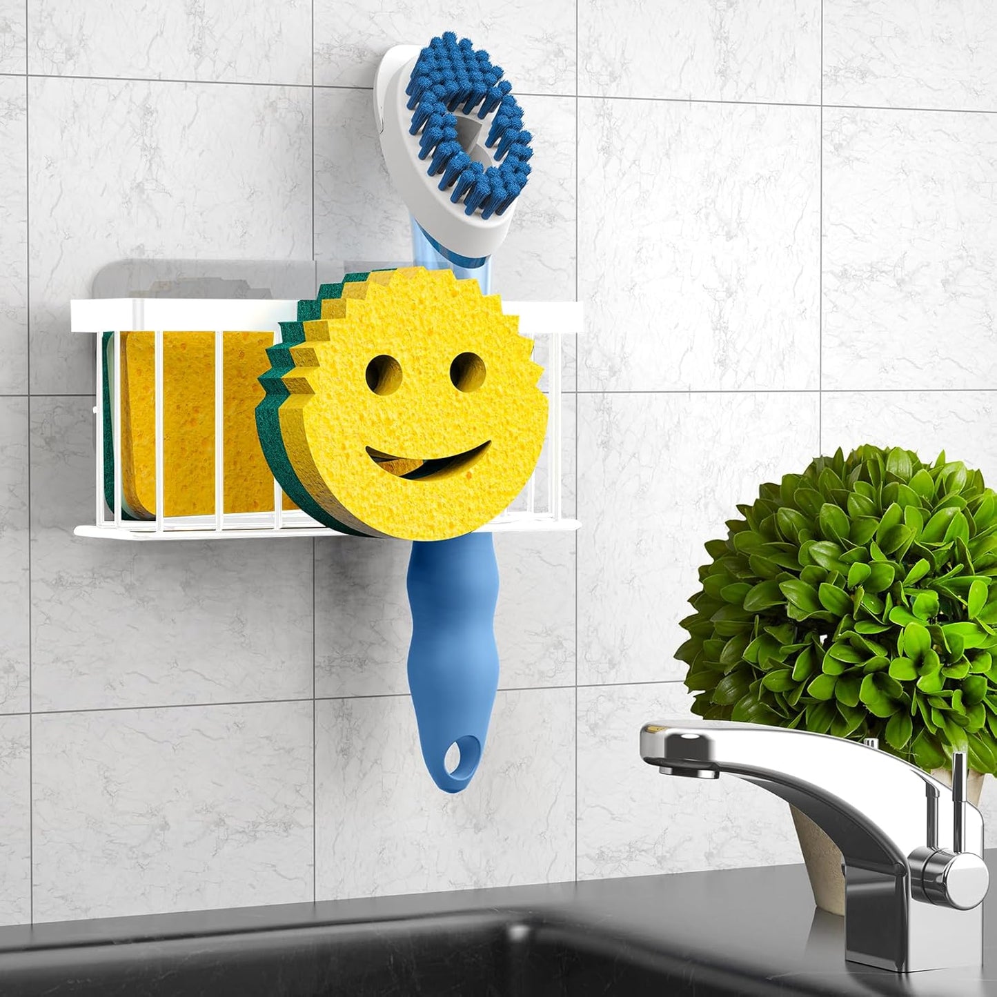 Sponge Holder Smiley Face,Sink Caddy,Kitchen Organizer with 2 Suction Cups/1 Adhesive Strips,Designed for Sponge,Soap,Dish Brush,Scrubber - White