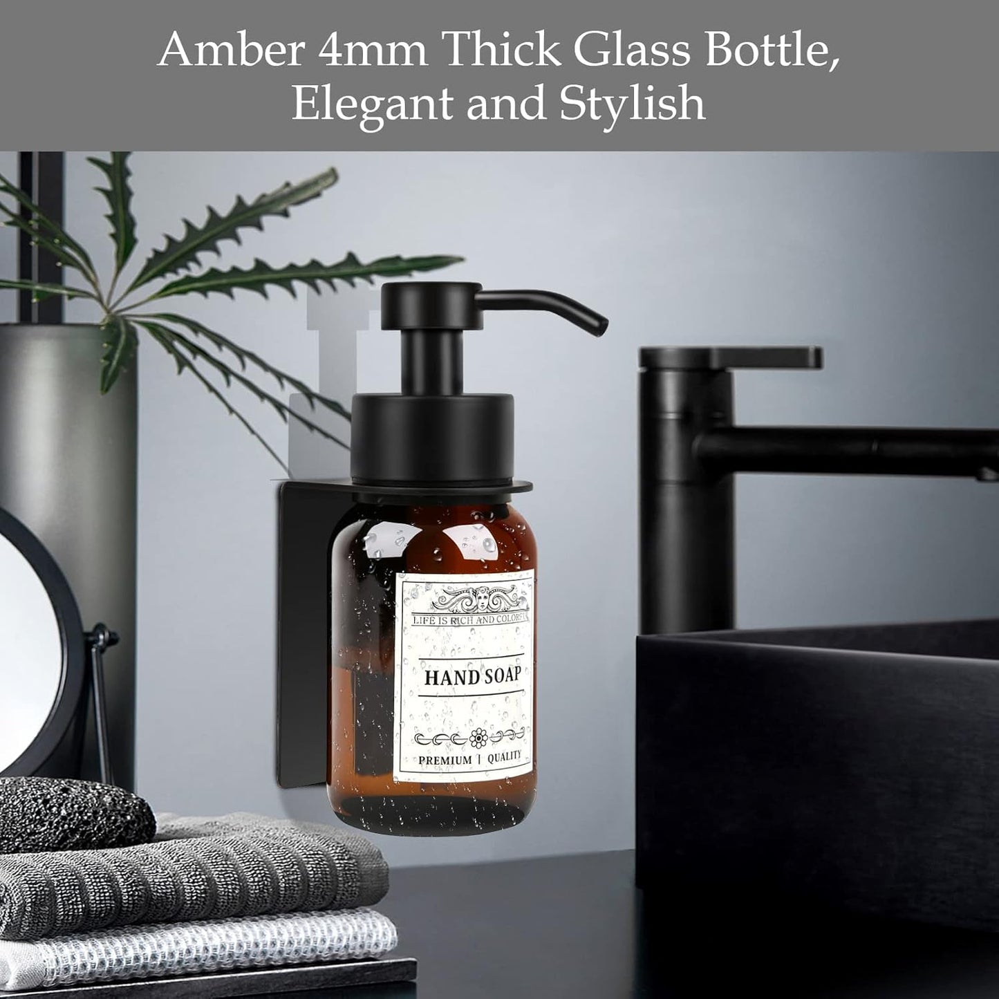8.5oz Glass Soap Dispenser 2 Pack - Shampoo,Conditioner and Dish Soap Dispenser with Pump,Wall Mount Holder and Waterproof Labels for Kitchen and Bathroom (Brown)
