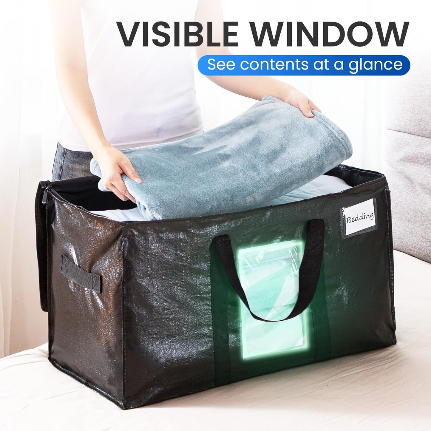 TAILI Extra Large Moving Bags, 6 Pack Black Heavy Duty Totes for Storage with Visible Window, Wrap Around Handles, Storage Bags for Space Saving, Alternative to Moving Boxes