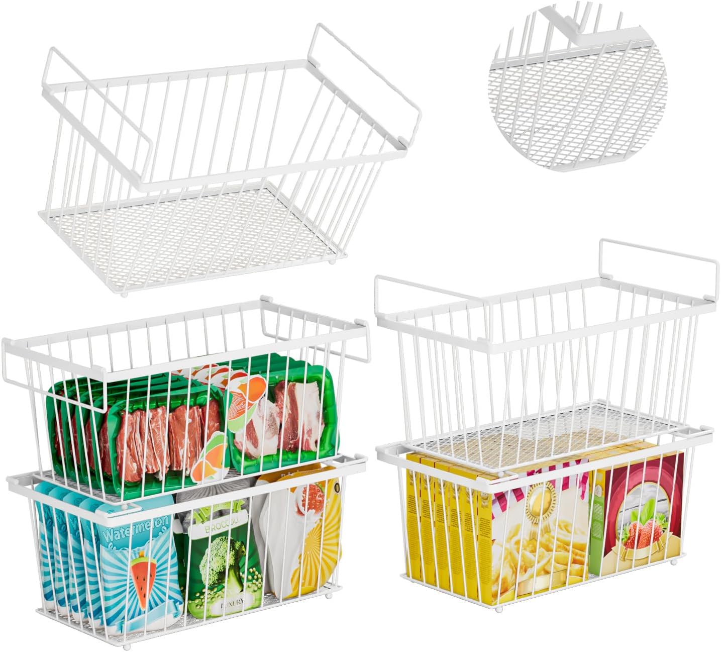 Enhanced Leak-Proof Bottom - Freezer Organizer Bins ，5 Pack Stackable Deep Freezer Organizer Bins for 7 Cu.FT Small Chest Freezer，Easy Get Bottom Foods without Digging