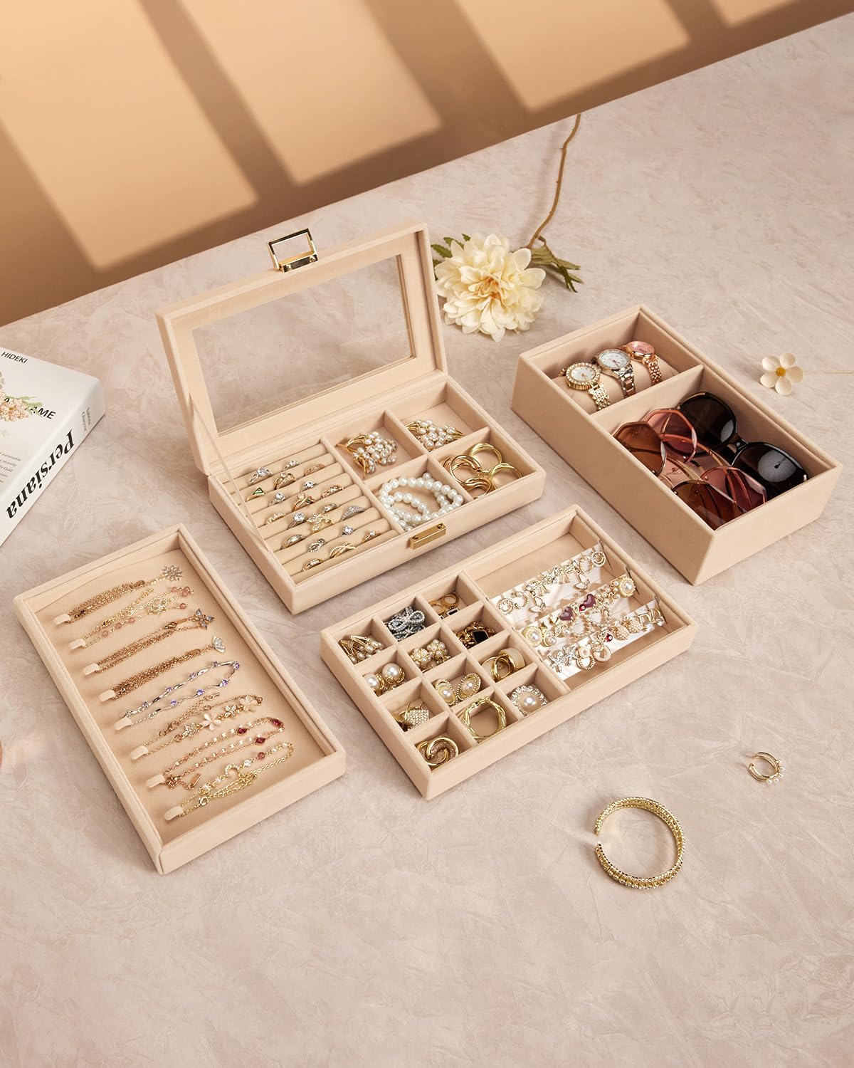 Homde Jewelry Tray Stackable Jewelry Box Drawer Organizer with Glass Lid, Removable Dividers for Vanity Table - Christmas Gift Idea for Girls and Women(Apricot)