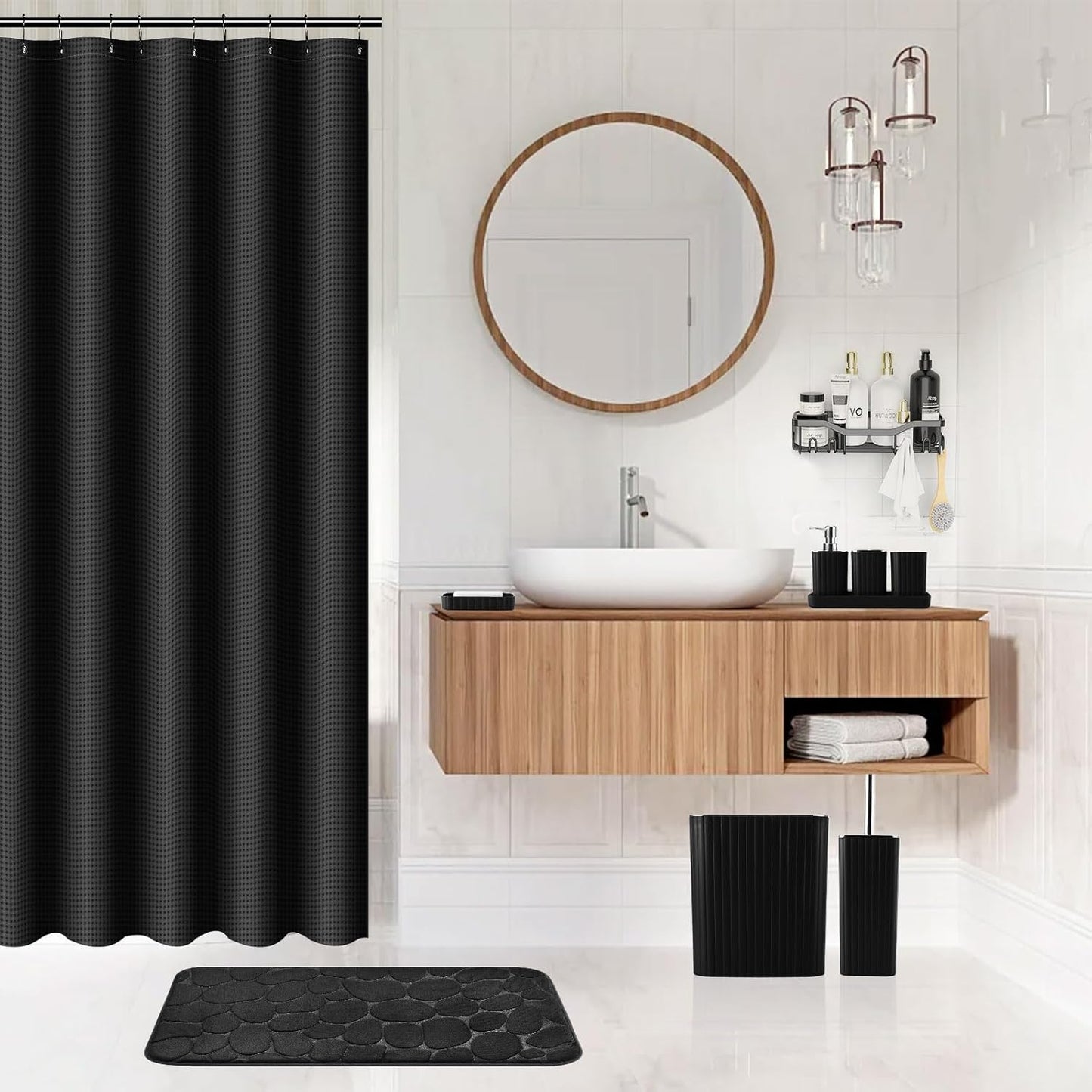 30PC Bathroom Accessories Set - Gorgeous Black Bathroom Set, Bathroom Accessory Set, Black Shower Curtain Set with Bathroom Storage