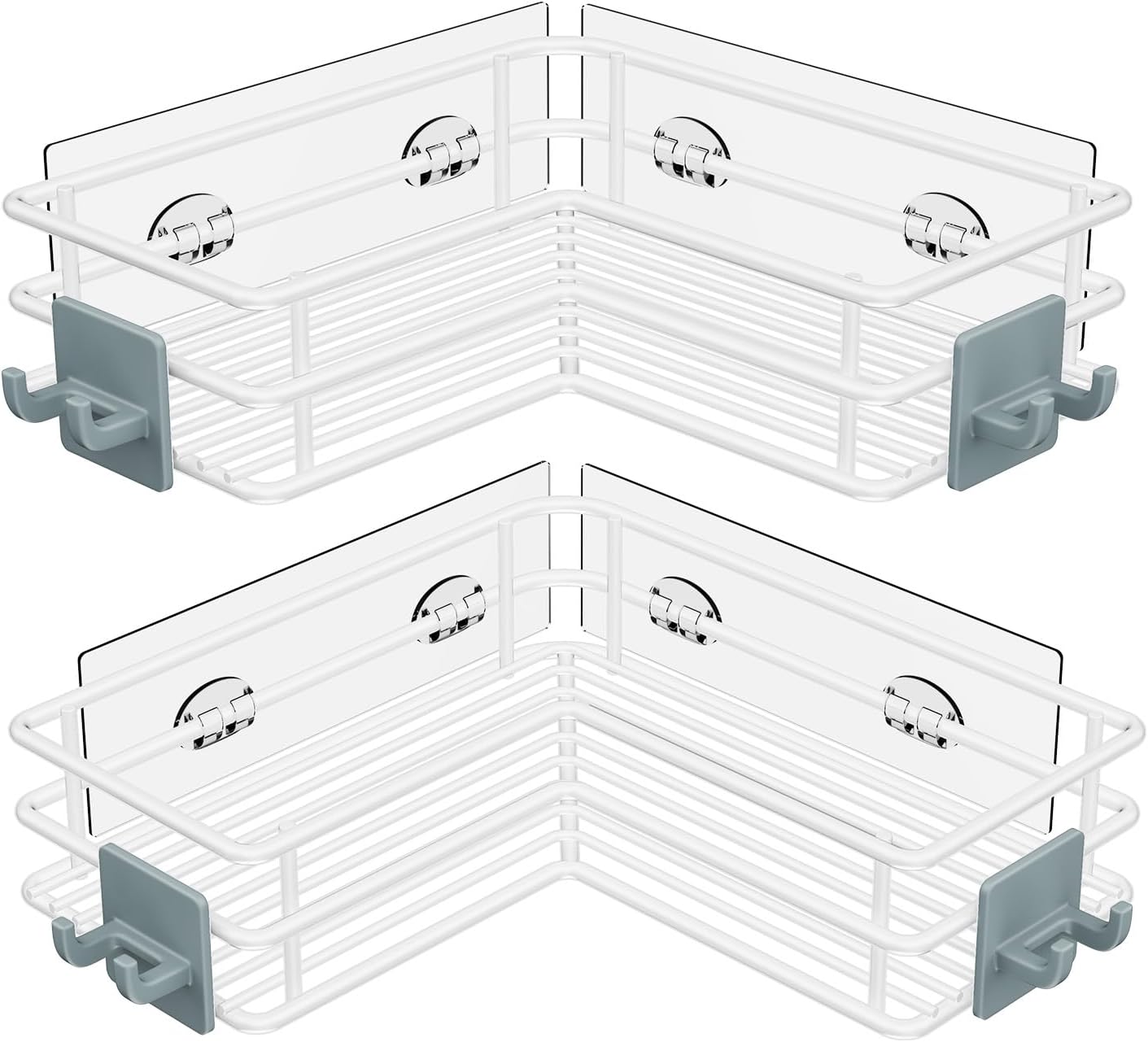 Nieifi Adhesive Corner Shower Caddy Shelf Basket Rack with Hooks, Rust Proof Stainless Steel Bathroom Shelf Shampoo Holder No Drilling (White)