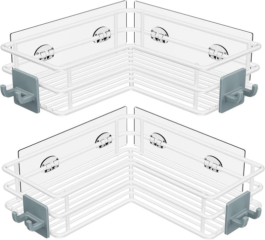 Nieifi Adhesive Corner Shower Caddy Shelf Basket Rack with Hooks, Rust Proof Stainless Steel Bathroom Shelf Shampoo Holder No Drilling (White)