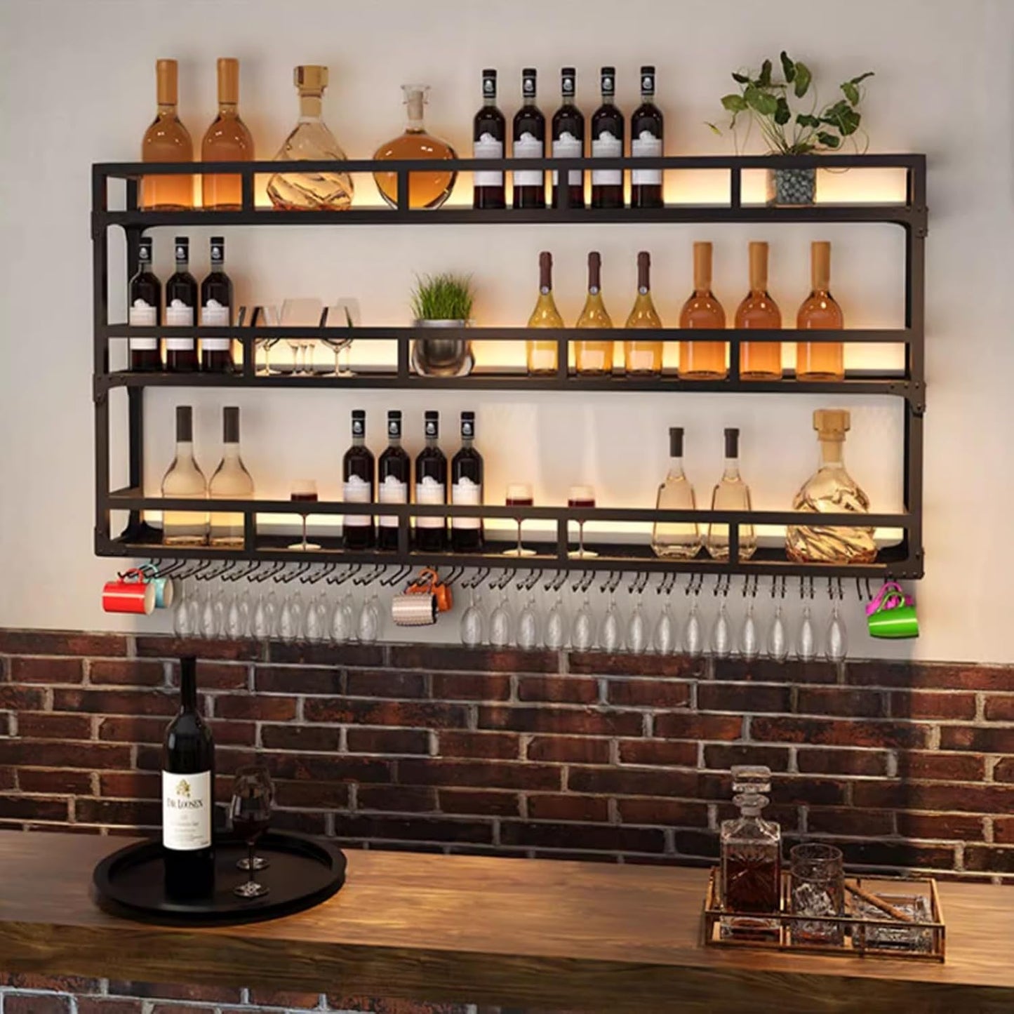 Wall Mounted Wine Rack, Wine Rack Wall Mounted with Wine Glass Rack, Metal Bar Bottle Display Shelf Wine Cups Hanging Holder, for Home Bar Cafe Dining Room Decoration (BLACK, 59*10*35.5IN)