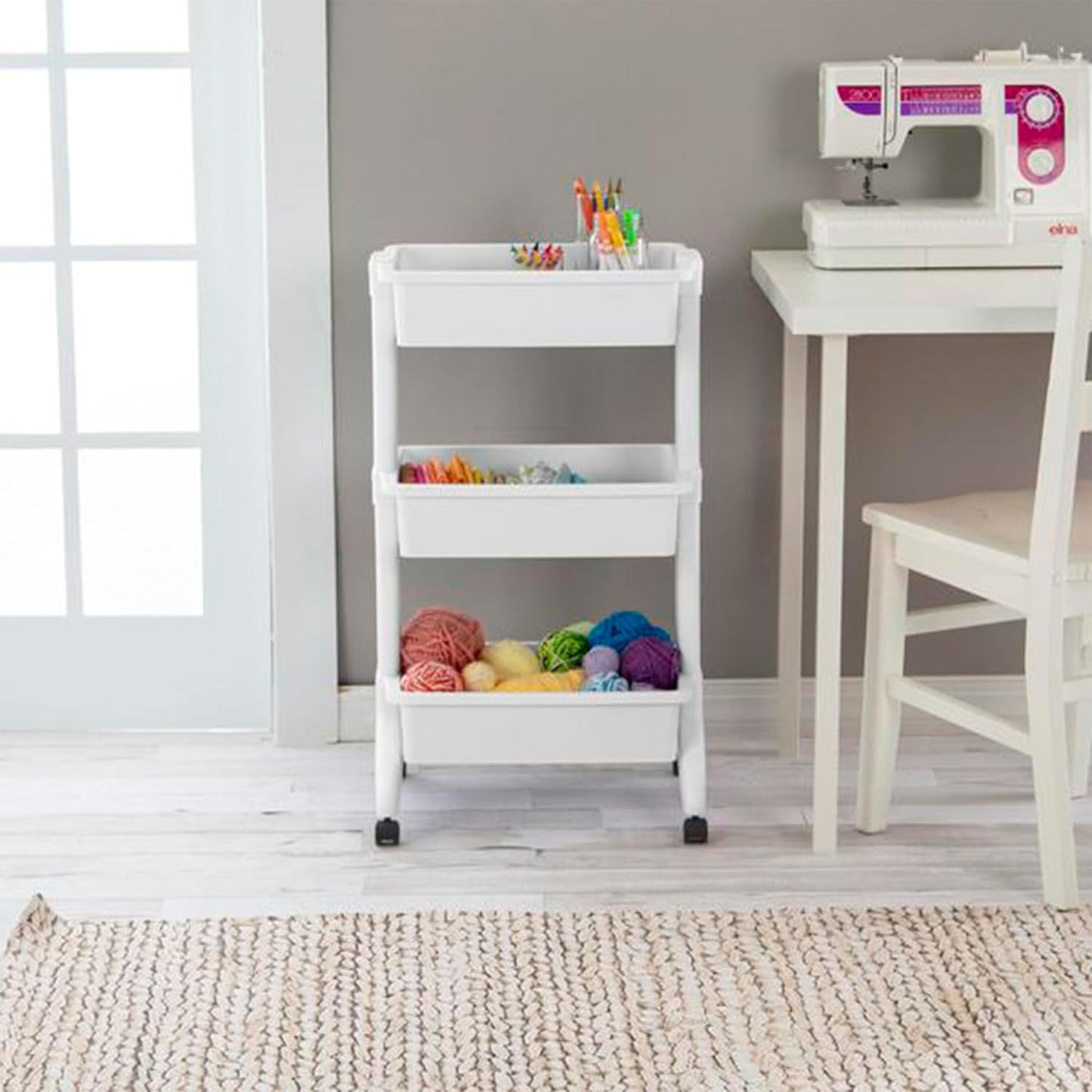 Sterilite 3 Tier Utility Cart Portable Storage Open Bin Organizer with 360 Degree Smooth Rolling Caster Wheels, Supports 10 lb Per Tier, White, 9-Pack