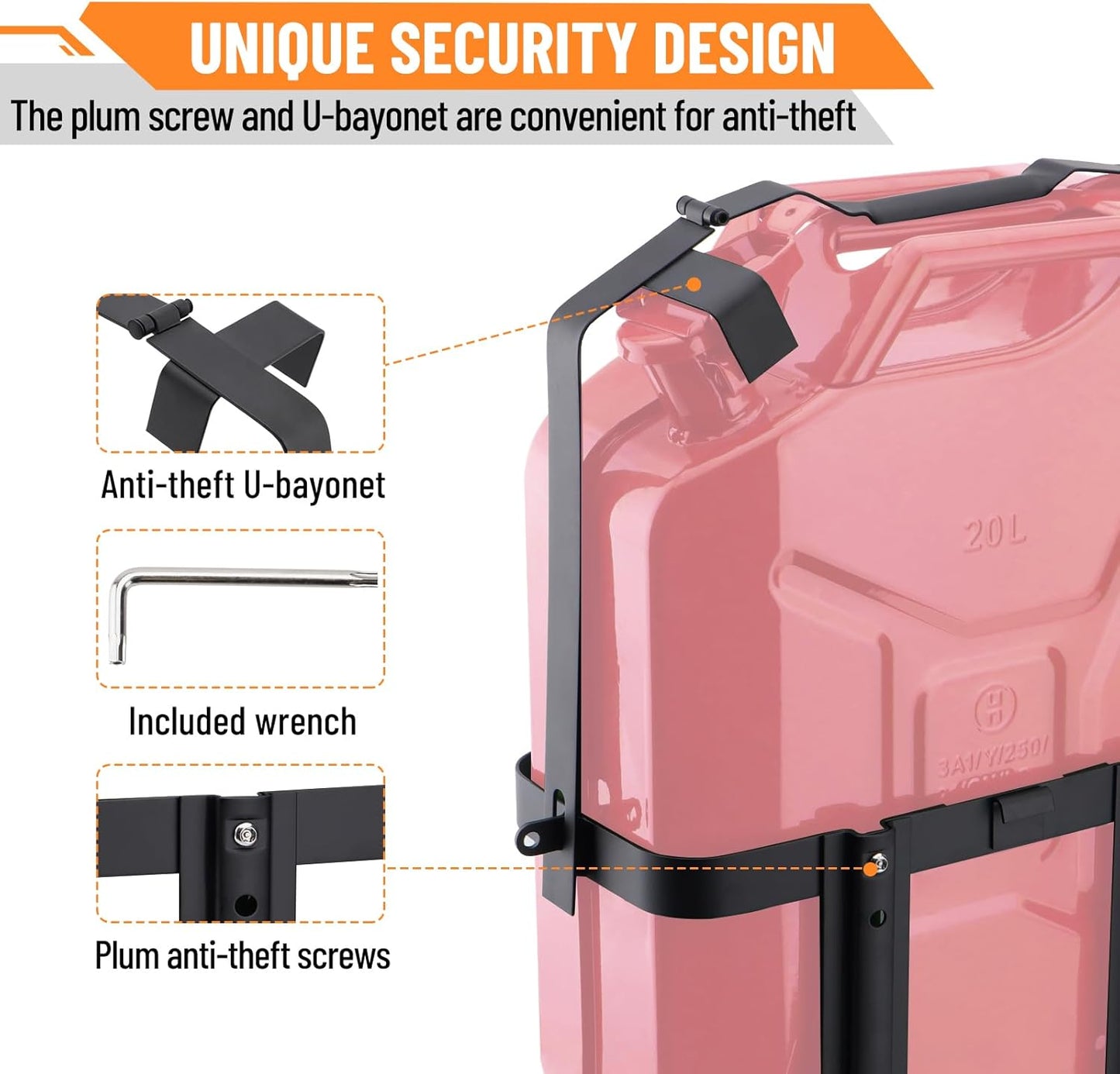 Anti-theft Jerry Can Mount Holder: Lockable Jerry Gas Can Holder Rack, 5 Gallon (20 Liter), Reinforced Welding, Anti-theft U-bayonet, Plum Stainless Steel Screws