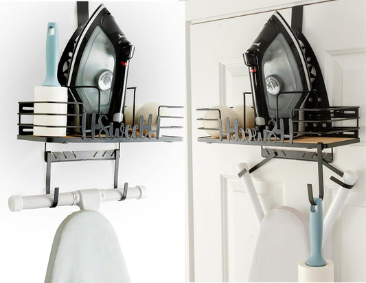 Farmhouse Ironing Board Hanger Wall Mount or Over the Door - Universal Laundry Room Ironing Board Holder Caddy with Iron Holder Shelf-Adjustable Hooks to Hold Ironing Boards Large & Small - Black