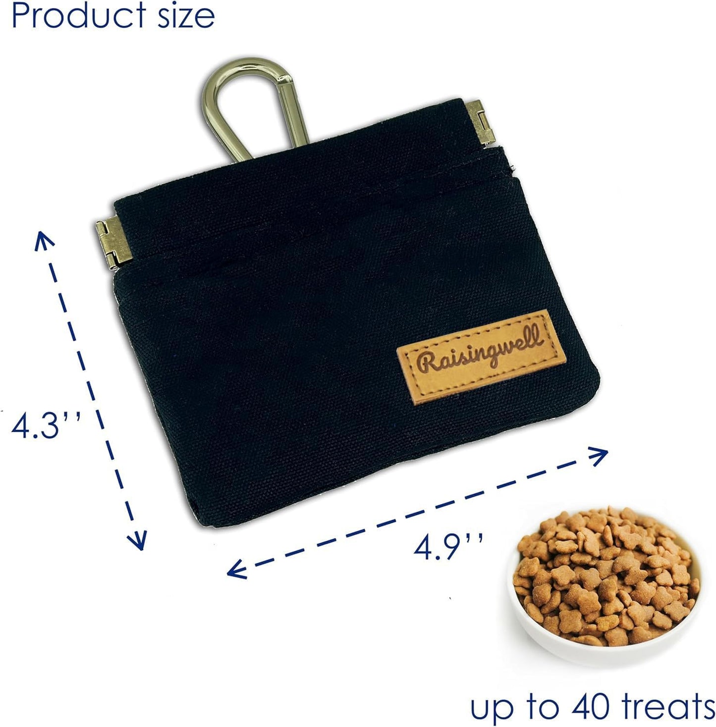 Dog Treat Pouch, Black Pocket Sized Pet Training Pouch, Cotton Fabric, Hand Free Dog Walking Bag with Carabiner, Self-Closing Pet Feed Snack Reward, for Pet Puppy Travel or Outdoor Use