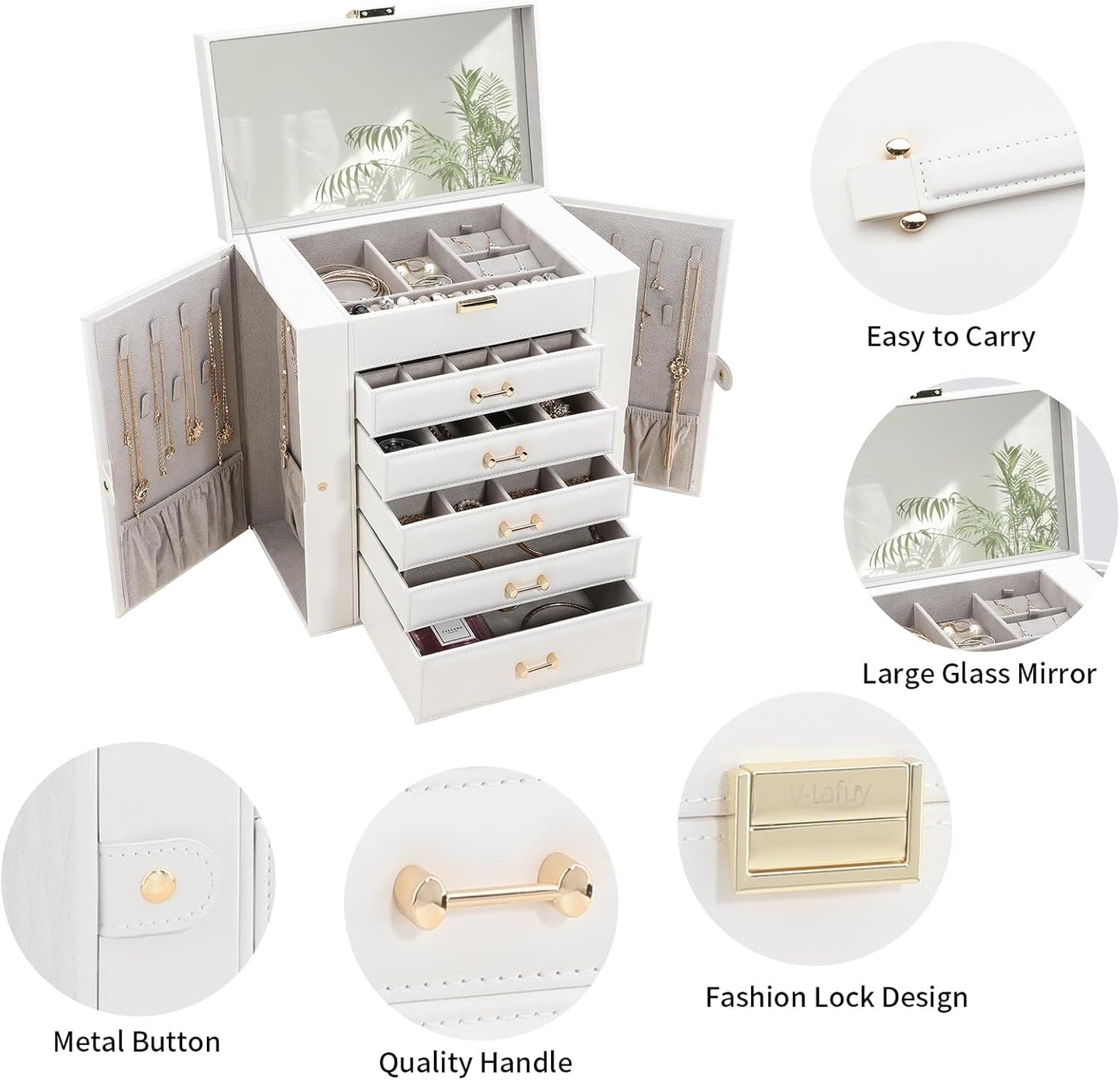 Jewelry Box with Mirror, White - Large Jewelry Organizer and Storage for Women