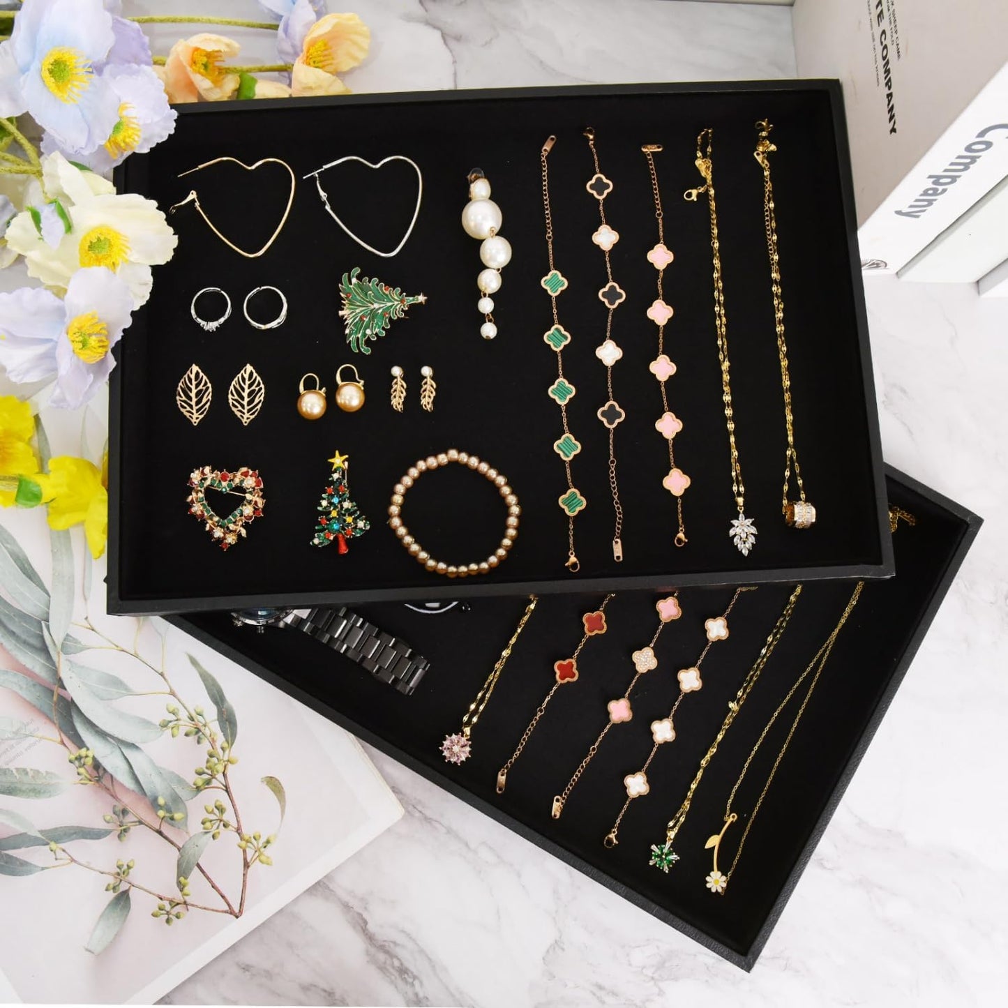 Velvet Jewelry Tray for Drawers Black Jewelrys Display Tray Stackable Jewelry Organizer Trays for Necklace Bracelet Ring Watch (4, Black)