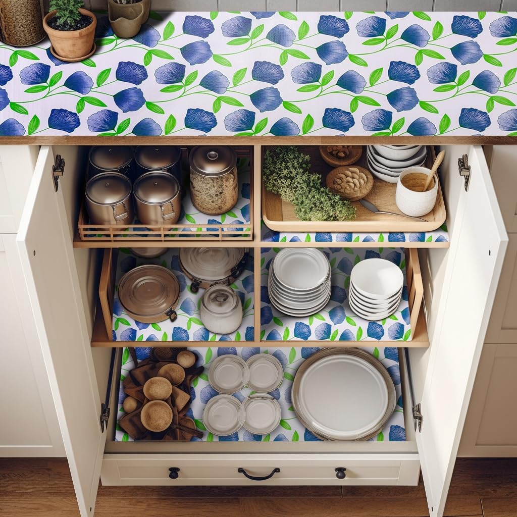 2 Rolls 12" W x 120" L Floral Drawer and Shelf Liner for Cabinets, Non-Adhesive Strong Grip Non-Slip Flower Shelf Cabinet Kitchen Shelf Liners for Kitchen Cabinets