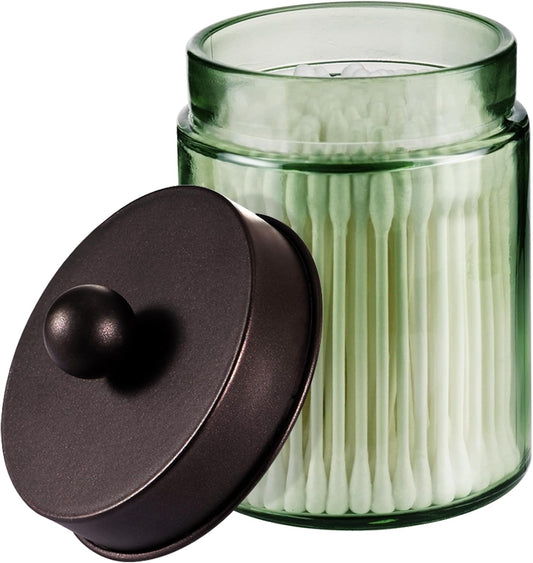 Amolliar Sage Green Apothecary Glass Jar With Metal Lid & Stickers, Bathroom Qtip Holder Storage Canister, Farmhouse Decor for Cotton Balls, Cotton Swabs, Makeup Pads, Bath Salt, Floss, Bronze 1 Pack