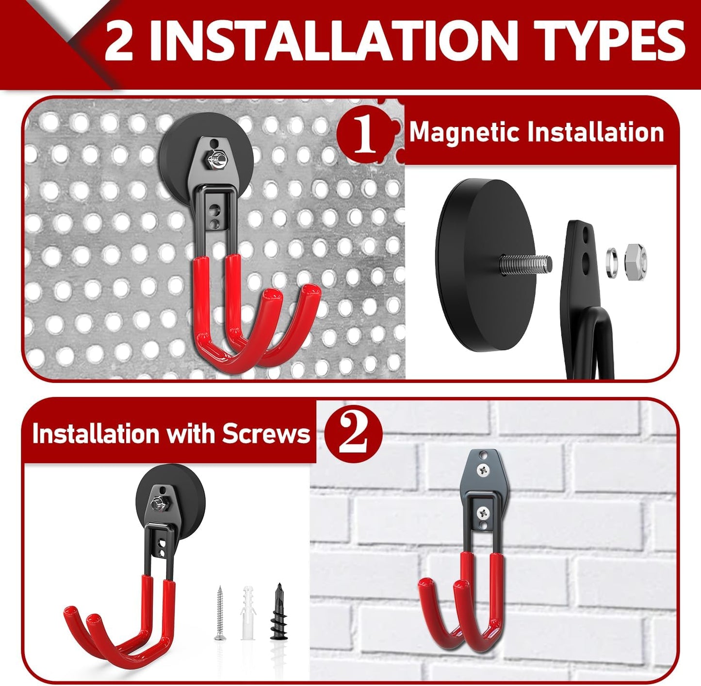 3-H Heavy Duty Magnet Garage Hooks 4 Pack, J Shape Strong Magnetic Hooks for Hanging Cordless Power Drill, Utility Magnetic Tool Holder for Metal Cabinet, Steel Pegboard, Toolbox, Garage(Red)