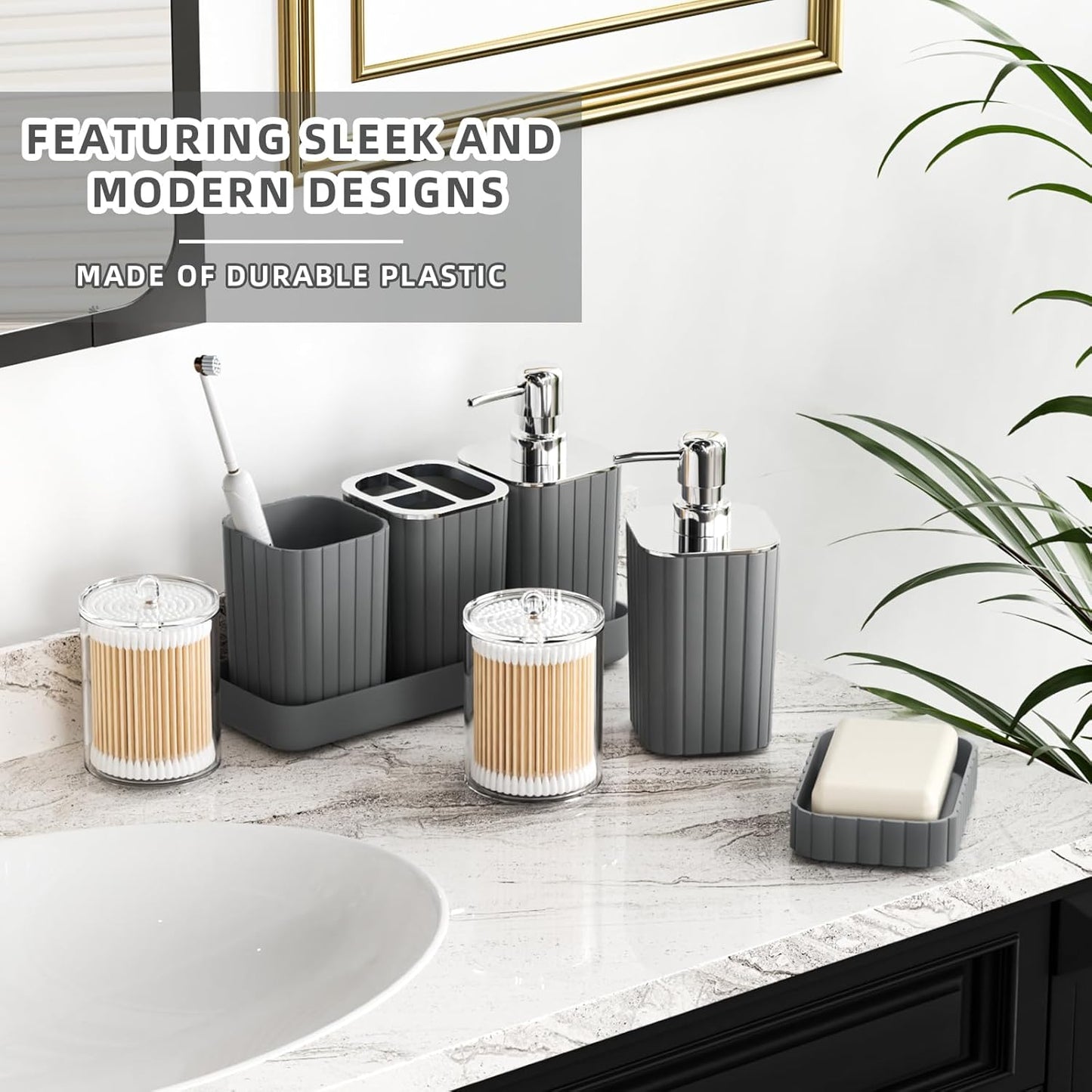Bathroom Accessories Set- 25PC Grey Bathroom Set, Bathroom Set with Shower Curtain and Rugs, Shower Curtain Set, Toilet Brush, Trash Can, Qtip Holder Dispenser & Soap Dispenser