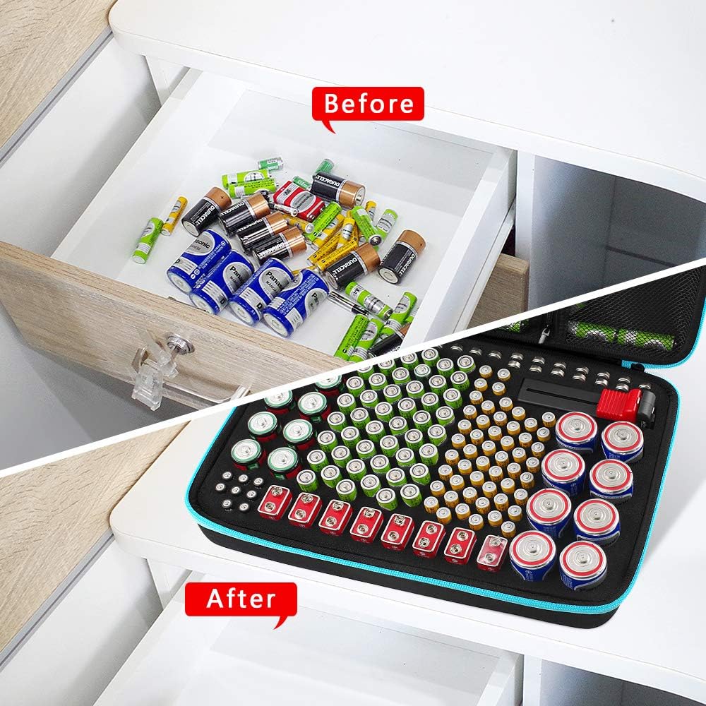 PAIYULE Battery Organizer Storage Case Box with Tester Checker, 220+ Batteries Holder Bag fits for AA AAA AAAA 9V C D Lithium 3V LR44 1.5V CR1632 CR2032 Home Garage Container