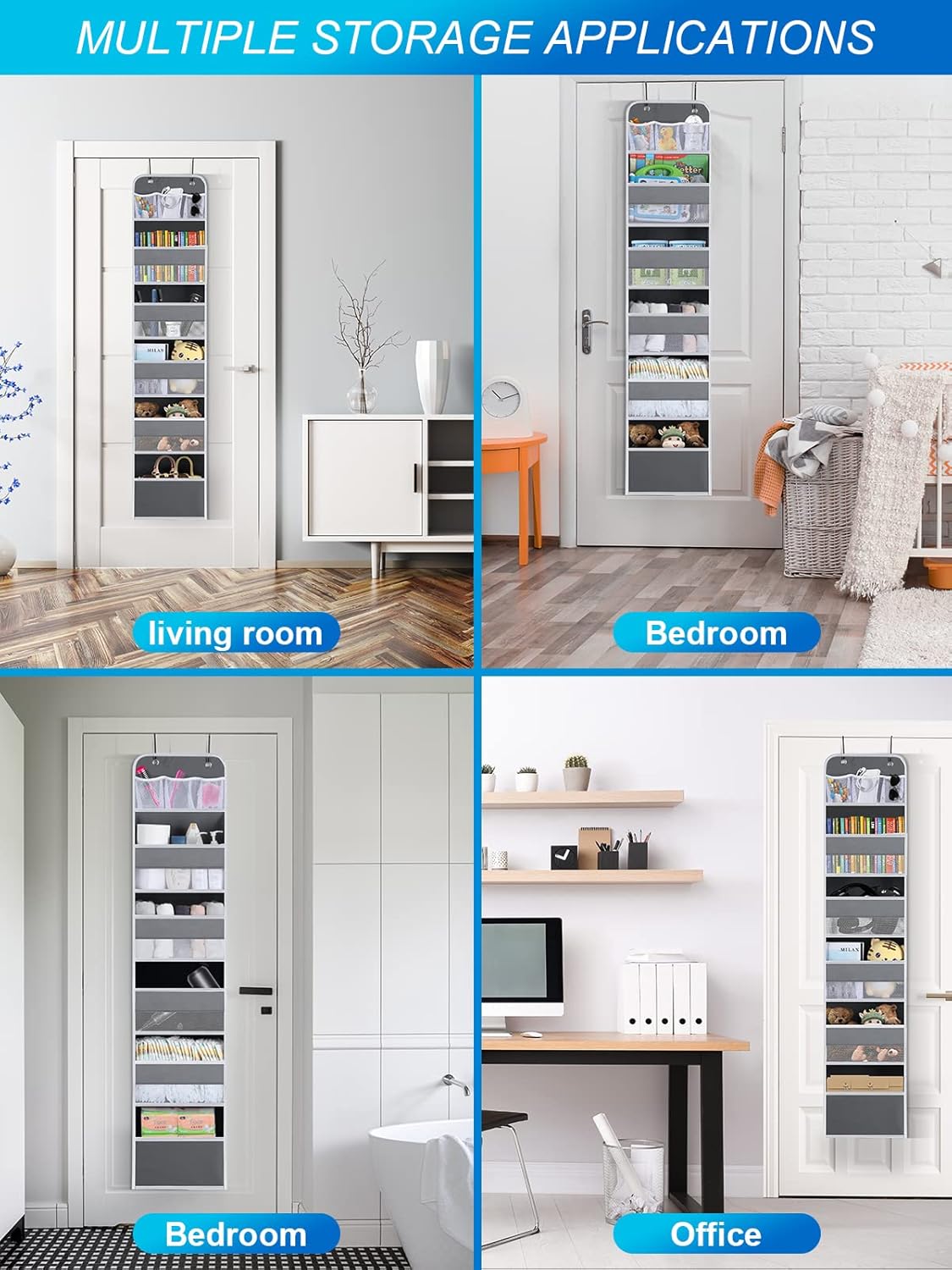 Over the Door Organizers - 5 Shelf Hanging Door Storage with 5 Spacious Pockets, Anti -Tilt 44 lb Load Behind Door Organizer for Bedroom,Nursery,Bathroom,Kitchen,Dorm,Pantry - 1 Pack,Grey