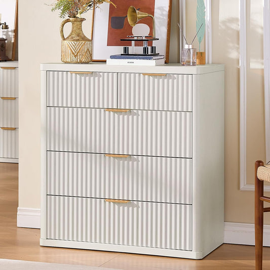 LEYAOYAO Fluted 5 Drawers Dresser for Bedroom, 34" Tall Modern Chest of Drawers with Metal Handle, Curved Profile Design,White Wood Drawer Organizer for Bedroom, Living Room, Hallway, Entryway