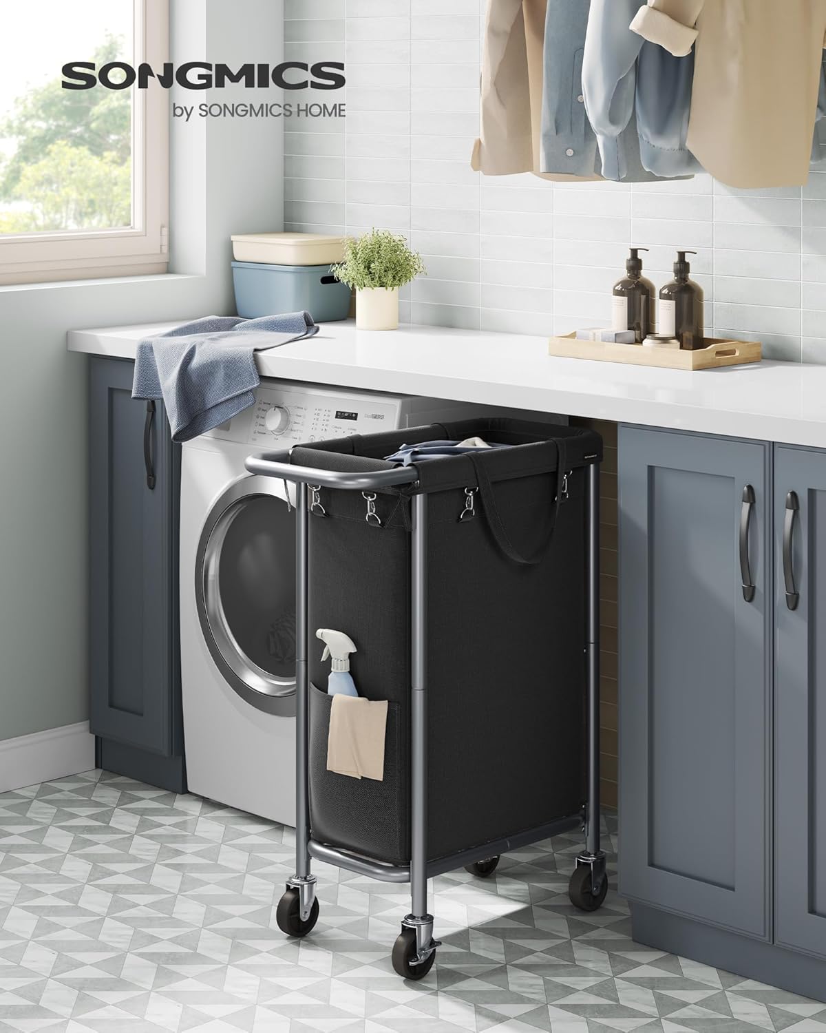 SONGMICS Laundry Basket with Wheels, Rolling Laundry Hamper, 23.8 Gallons (90 L), Removable Liner, Steel Frame with Handle, 24 x 11.4 x 31.9 Inches, Ink Black URLS003B01