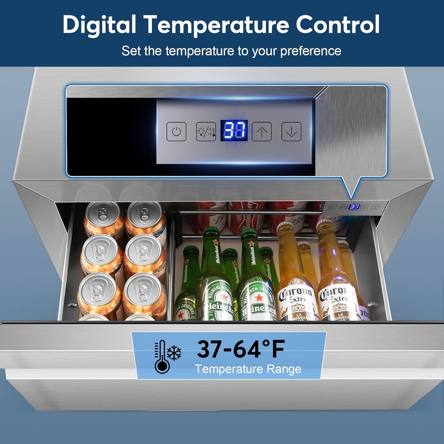 Stainless Steel 3-Tier Drawer Fridge Undercounter, Outdoor Beverage Refrigerator with Wheels, Waterproof Design and Temperature Control for Home and Commercial Use